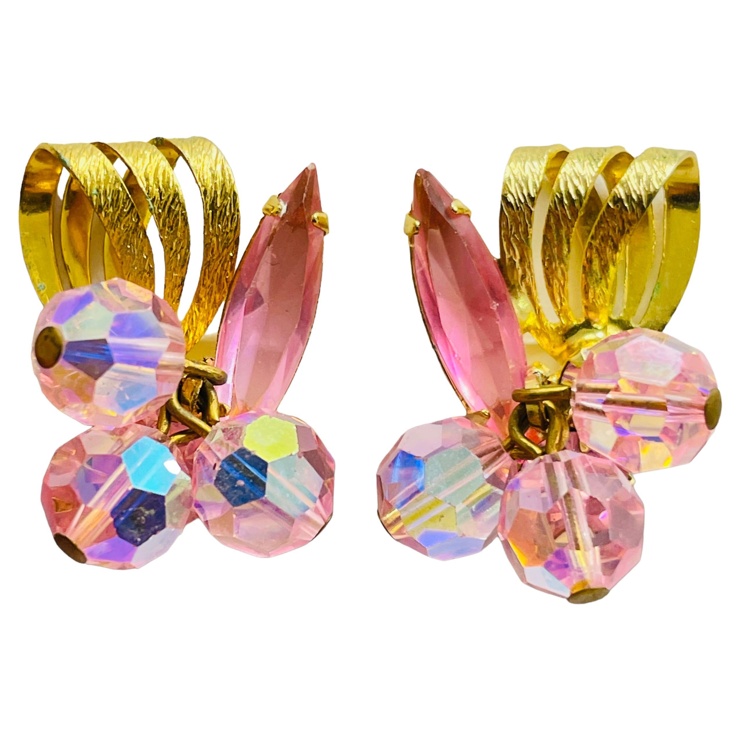 Vintage JULIANA DeLIZZA ELSTER gold pink crystal designer clip on earrings For Sale