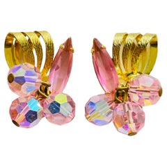 Vintage JULIANA DeLIZZA ELSTER gold pink crystal designer clip on earrings