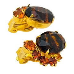 Vintage JULIANA DELIZZA ELSTER gold tone amber glass designer clip on earrings