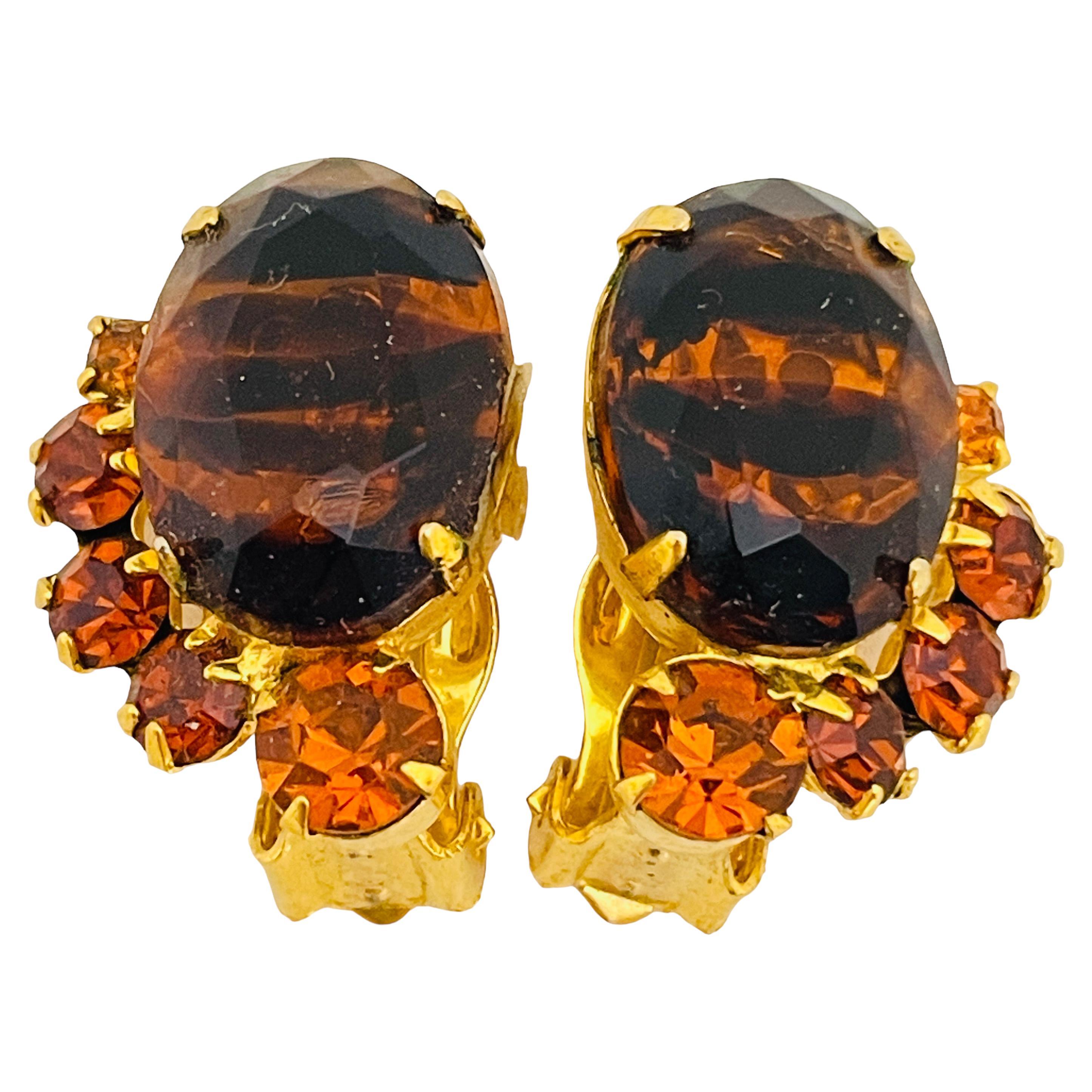 Vintage JULIANA DELIZZA ELSTER gold tone amber glass designer clip on earrings