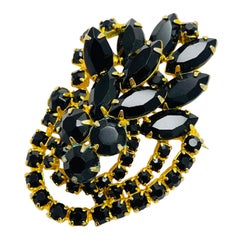 Vintage JULIANA DeLizza Elster gold tone black rhinestone earrings brooch set