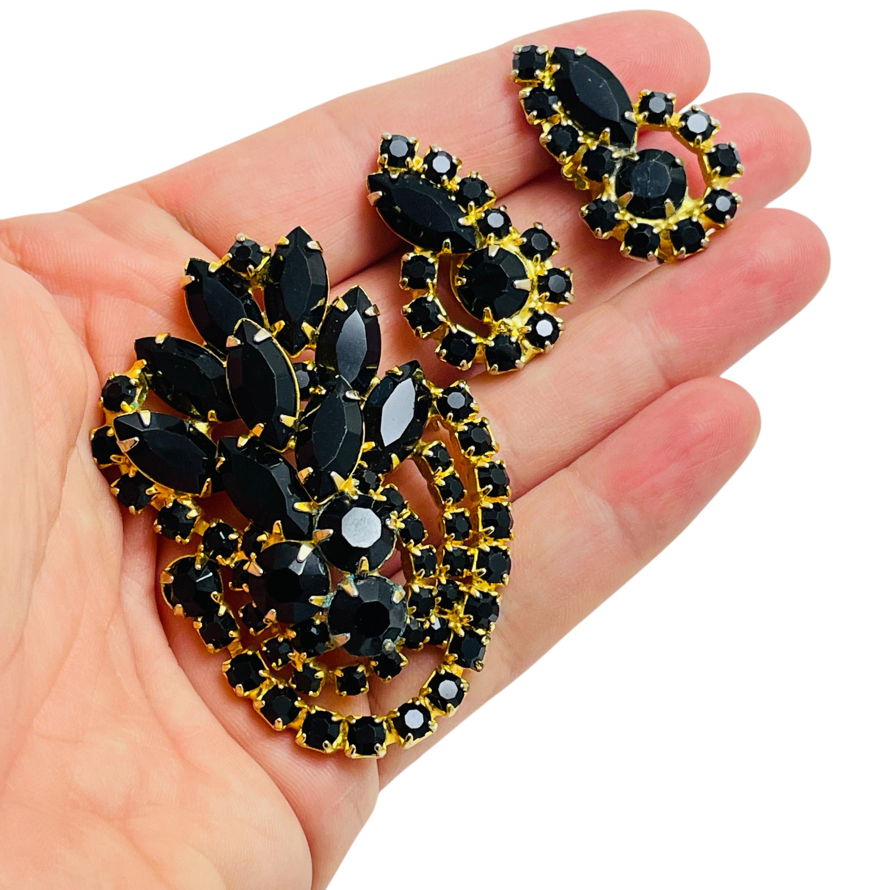Vintage JULIANA DeLizza Elster tono de oro negro pendientes de diamantes de imitación broche conjunto en venta 2
