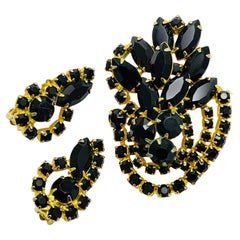 Vintage JULIANA DeLizza Elster gold tone black rhinestone earrings brooch set