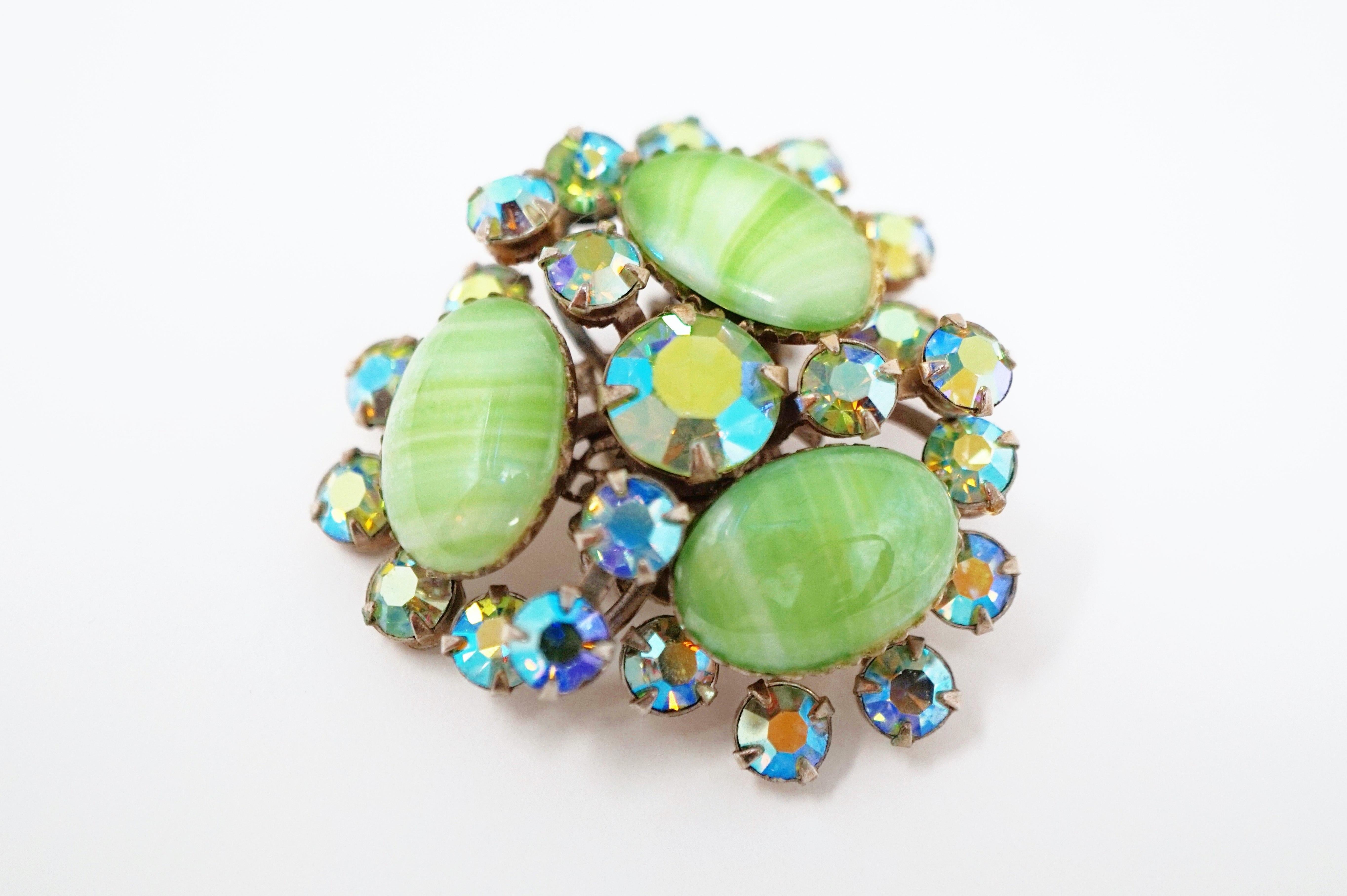 Modern Vintage Juliana-Style Mint Green Givre Glass & AB Rhinestone Statement Earrings