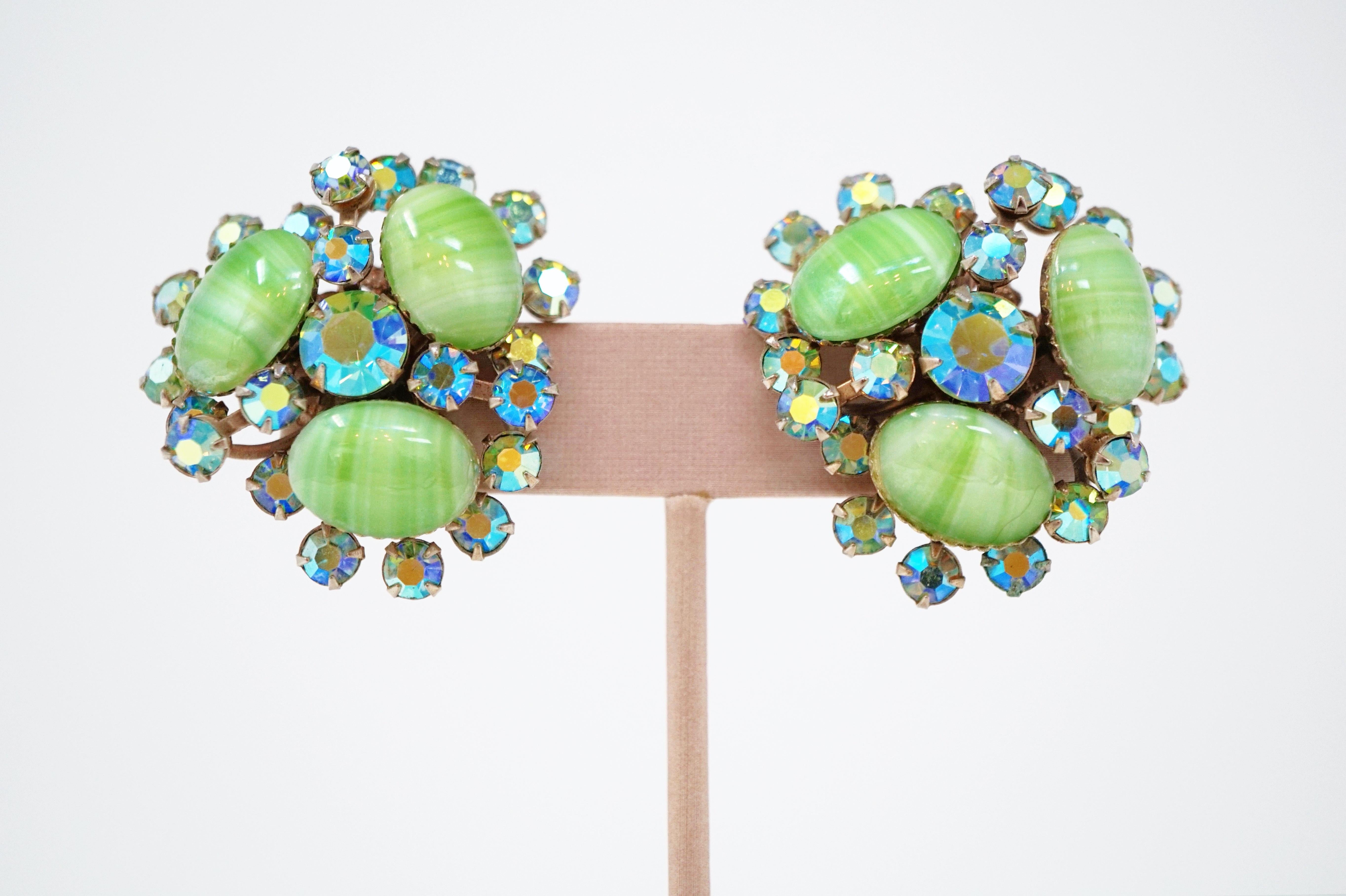Vintage Juliana-Style Mint Green Givre Glass & AB Rhinestone Statement Earrings In Good Condition In McKinney, TX
