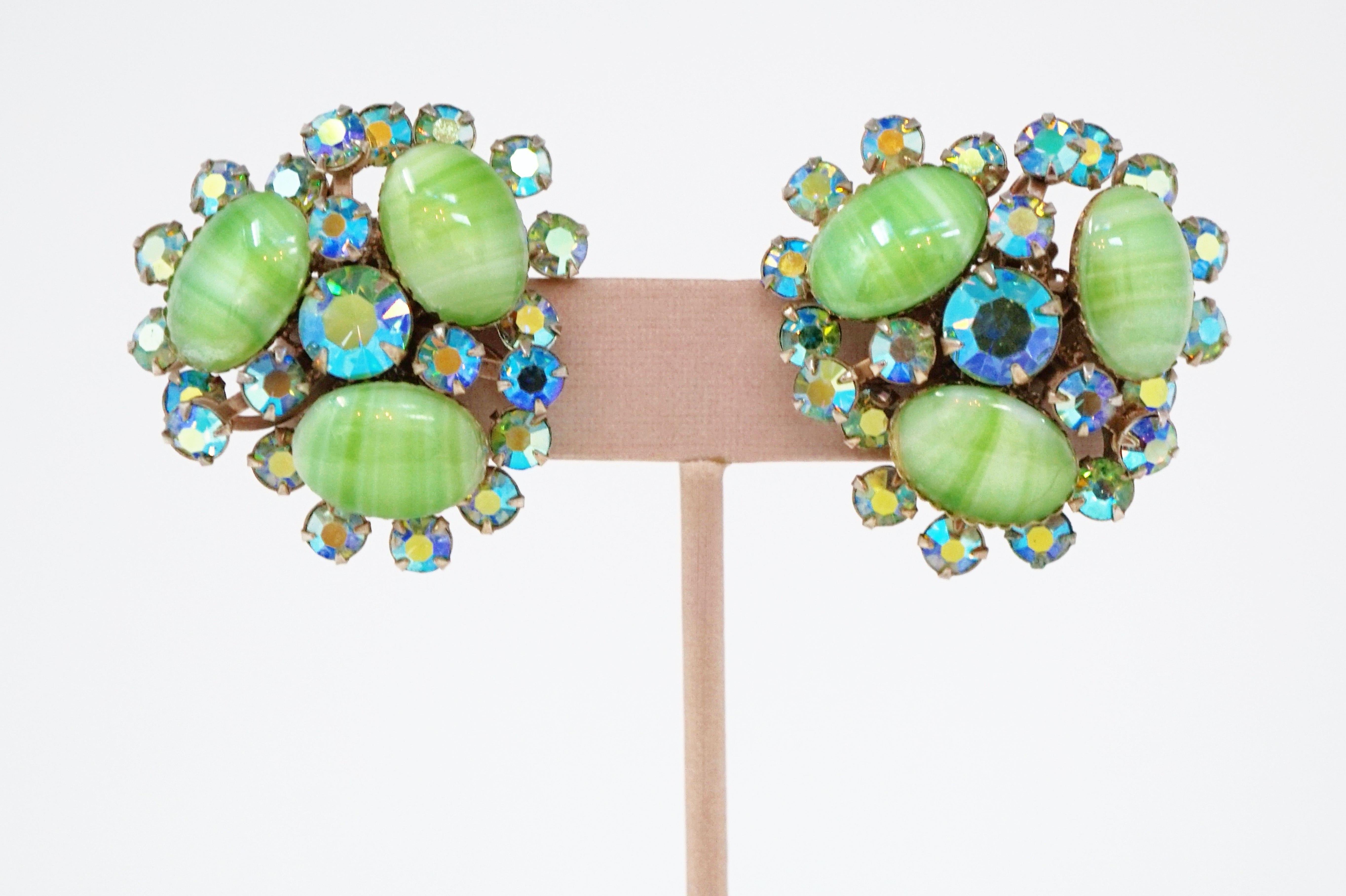 Women's Vintage Juliana-Style Mint Green Givre Glass & AB Rhinestone Statement Earrings