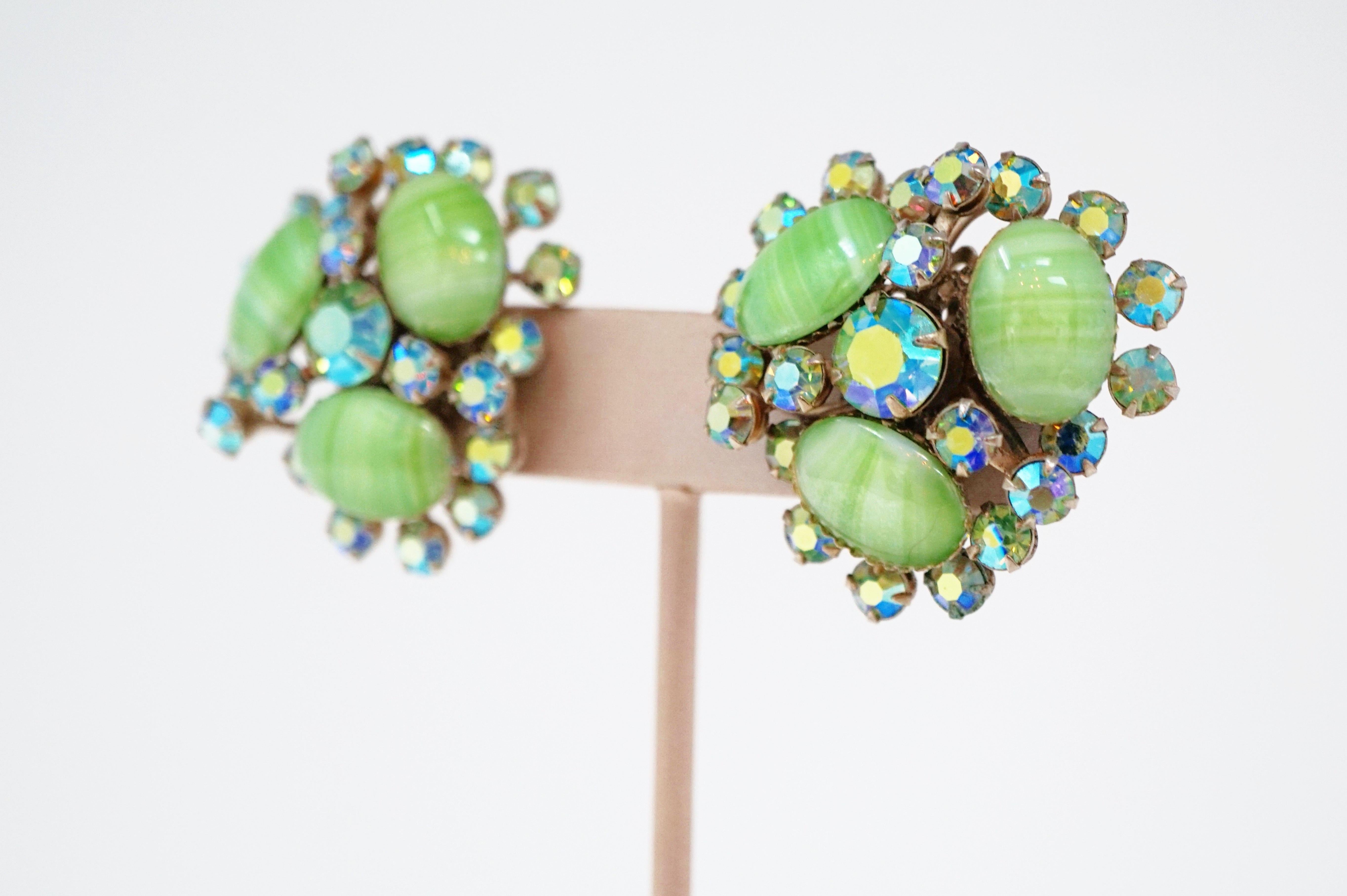 Vintage Juliana-Style Mint Green Givre Glass & AB Rhinestone Statement Earrings 1
