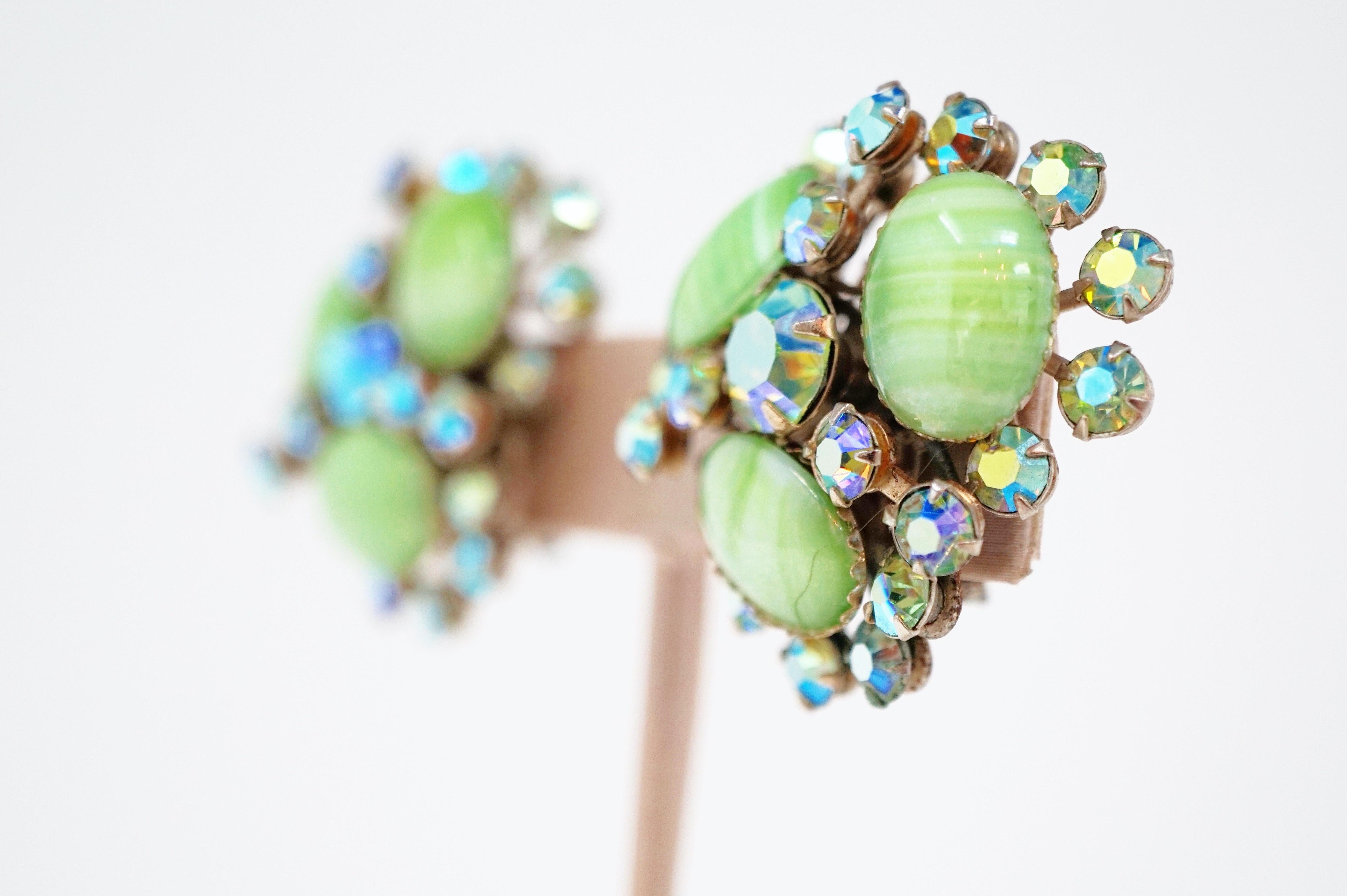 Vintage Juliana-Style Mint Green Givre Glass & AB Rhinestone Statement Earrings 2