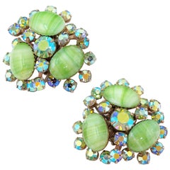 Vintage Juliana-Style Mint Green Givre Glass & AB Rhinestone Statement Earrings