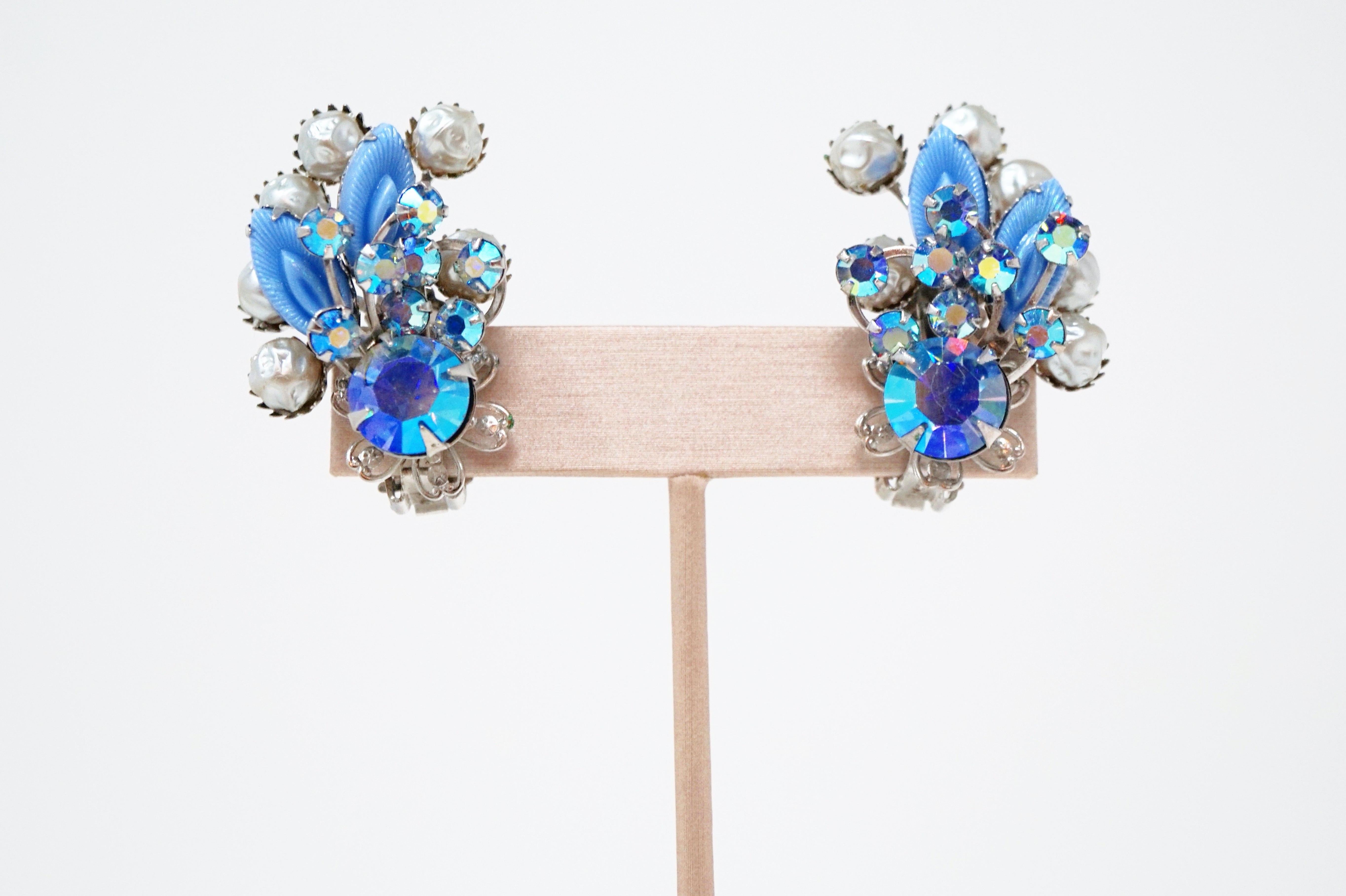 Modern Vintage Juliana-Style Pastel Blue Aurora Borealis Rhinestone Statement Earrings