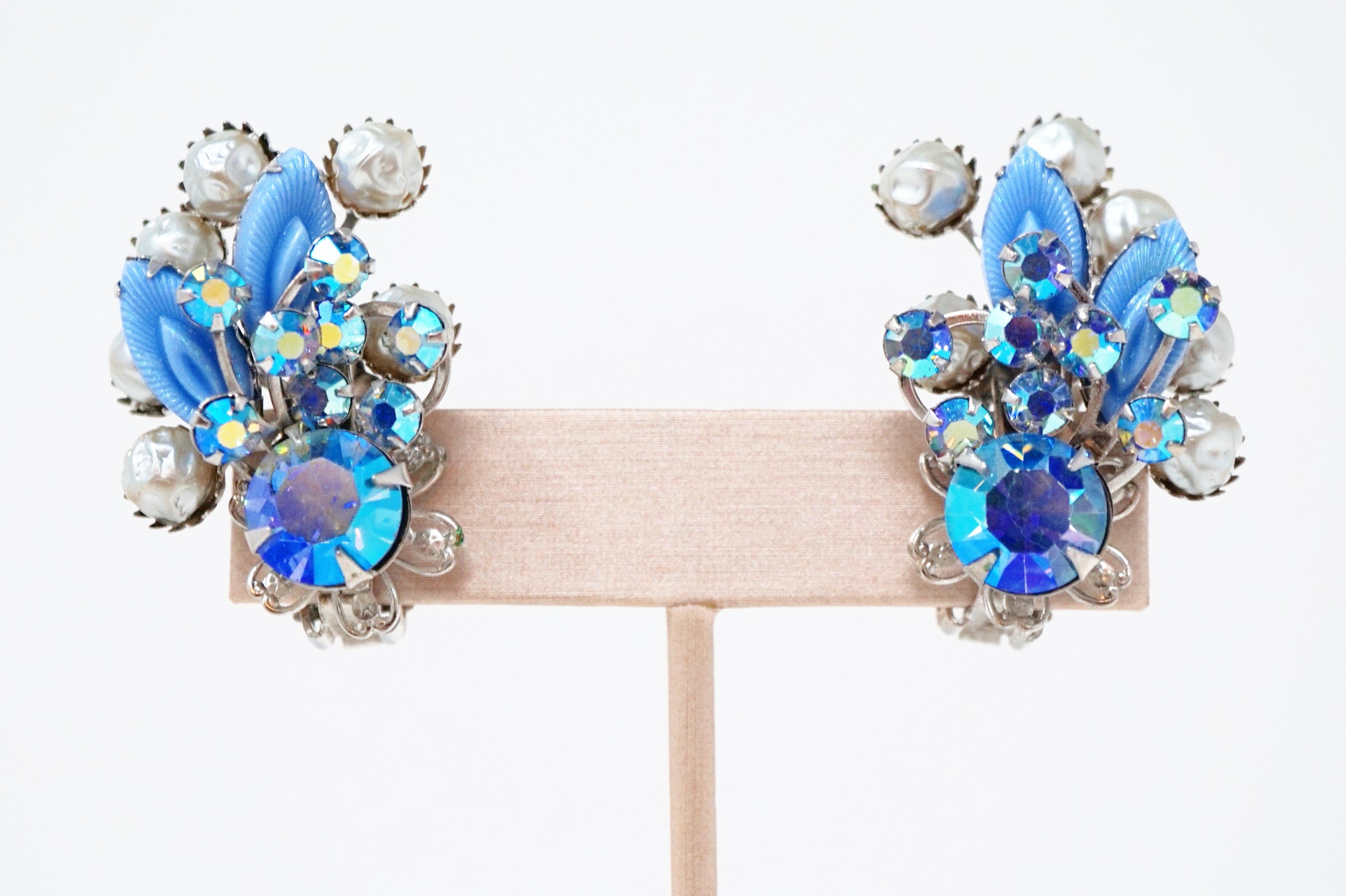 Vintage Juliana-Style Pastel Blue Aurora Borealis Rhinestone Statement Earrings In Good Condition In McKinney, TX