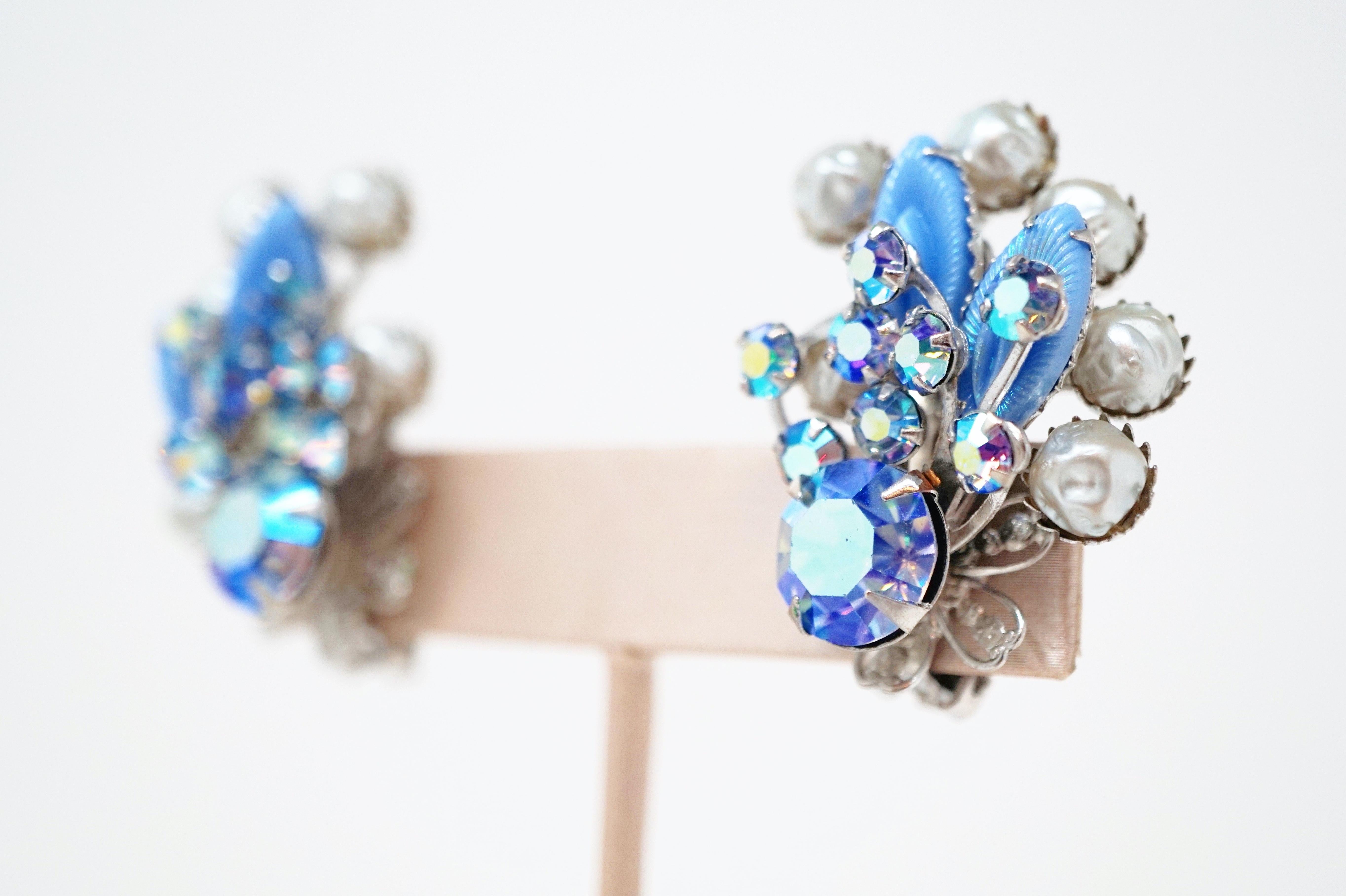 Women's Vintage Juliana-Style Pastel Blue Aurora Borealis Rhinestone Statement Earrings