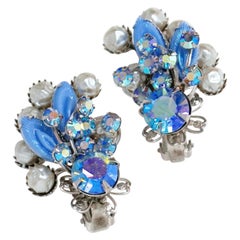Vintage Juliana-Style Pastel Blue Aurora Borealis Rhinestone Statement Earrings