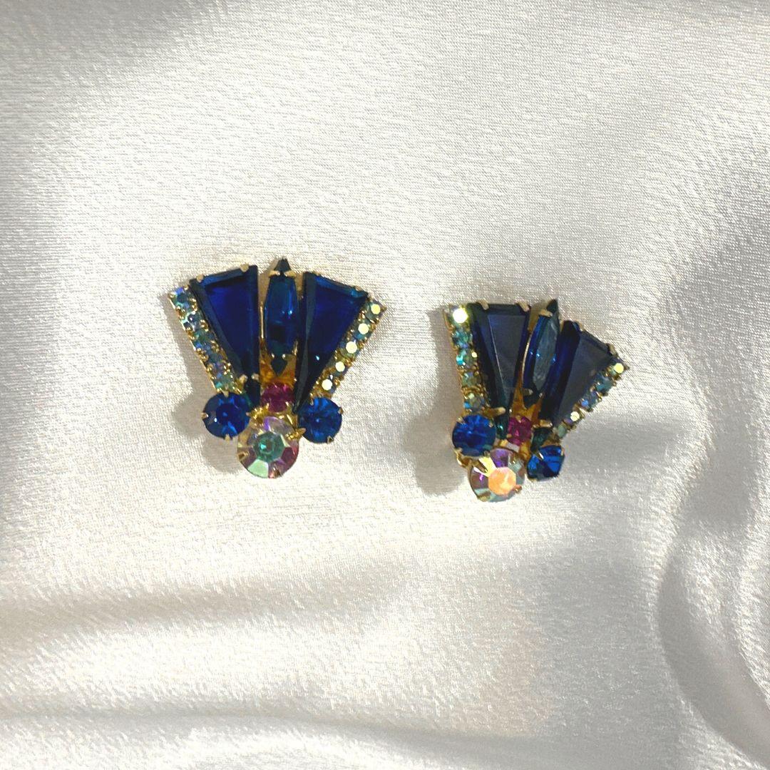 Art Deco Vintage Julianna Earrings Blue Cut Glass and Rhinestone Earrings For Sale