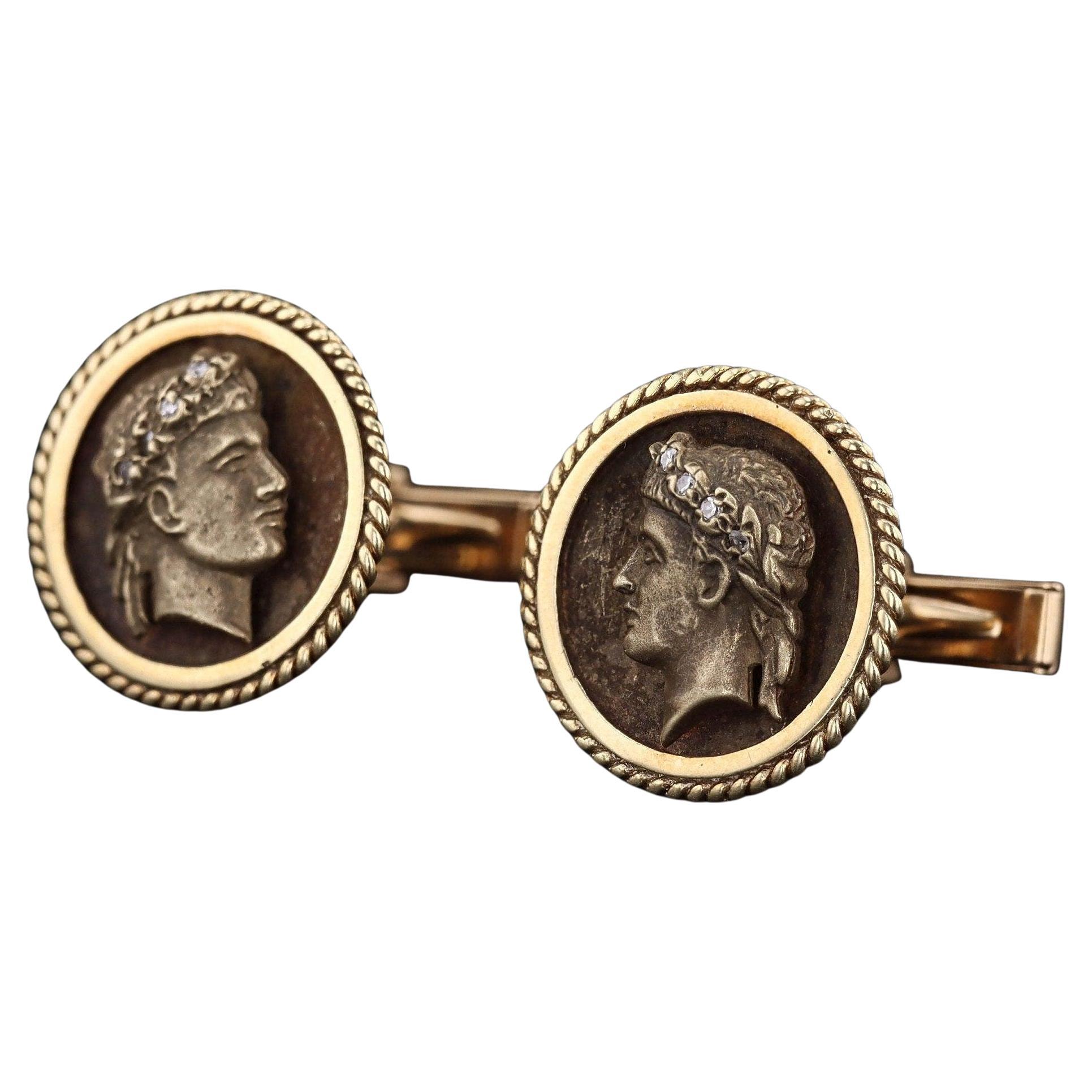 Gemelli d'epoca Giulio Cesare con cammeo di diamante in oro 14k