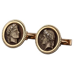 Boutons de manchette vintage Julius Caesar camée en or 14 carats avec diamants