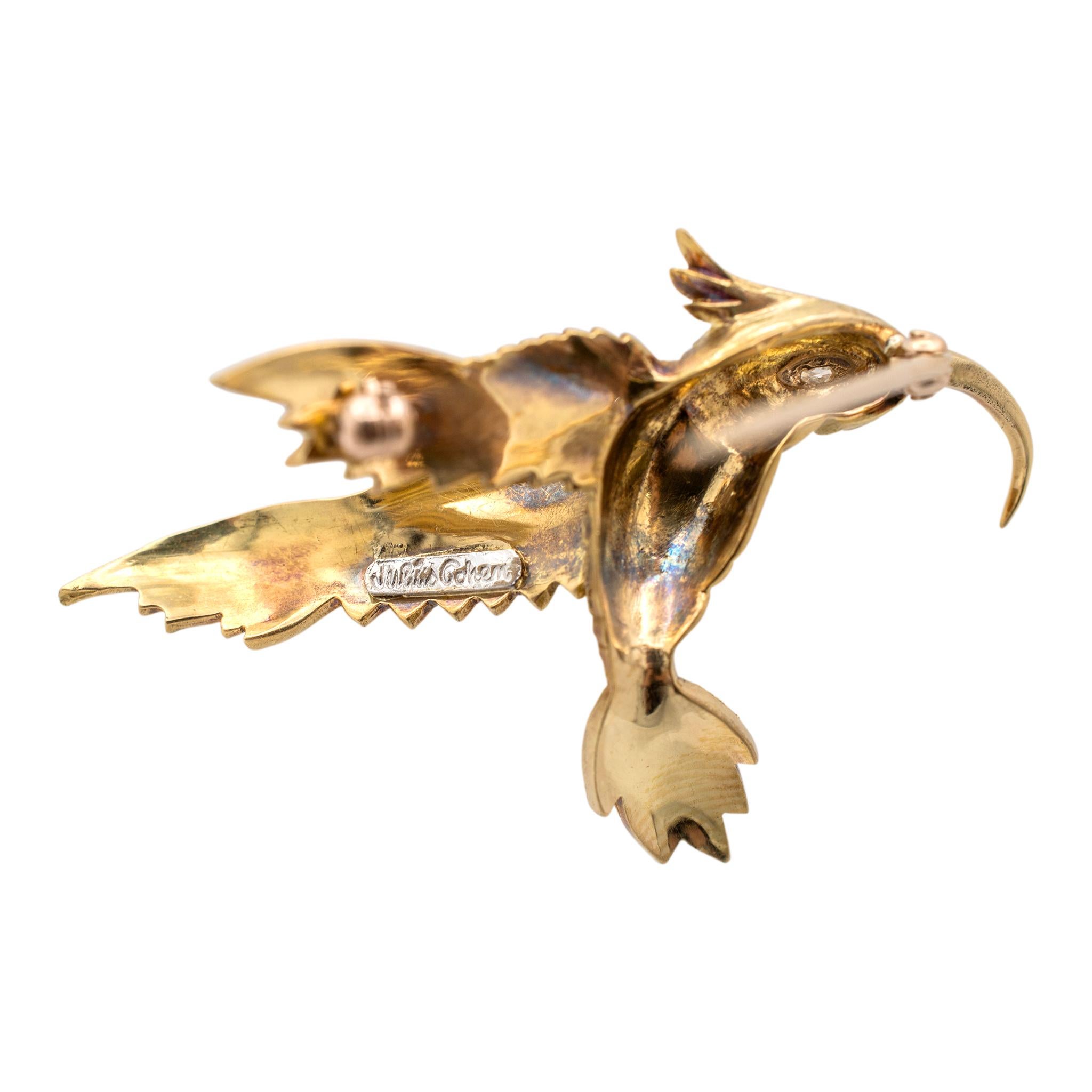 Marquise Cut Vintage Julius Cohen 18K Yellow Gold Marquee Diamond Eye Bird Pin Brooch For Sale
