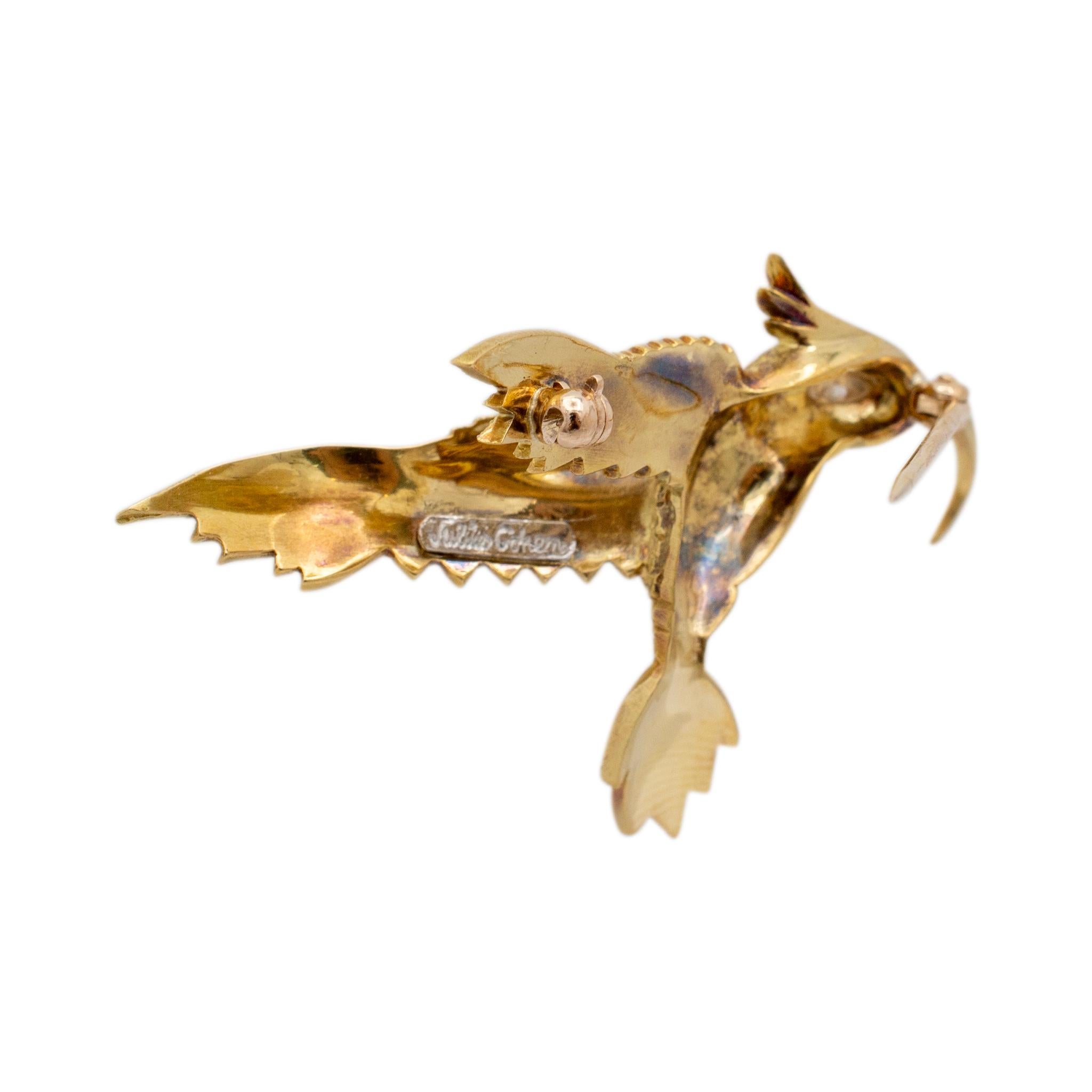 Vintage Julius Cohen 18K Yellow Gold Marquee Diamond Eye Bird Pin Brooch In Excellent Condition For Sale In Houston, TX