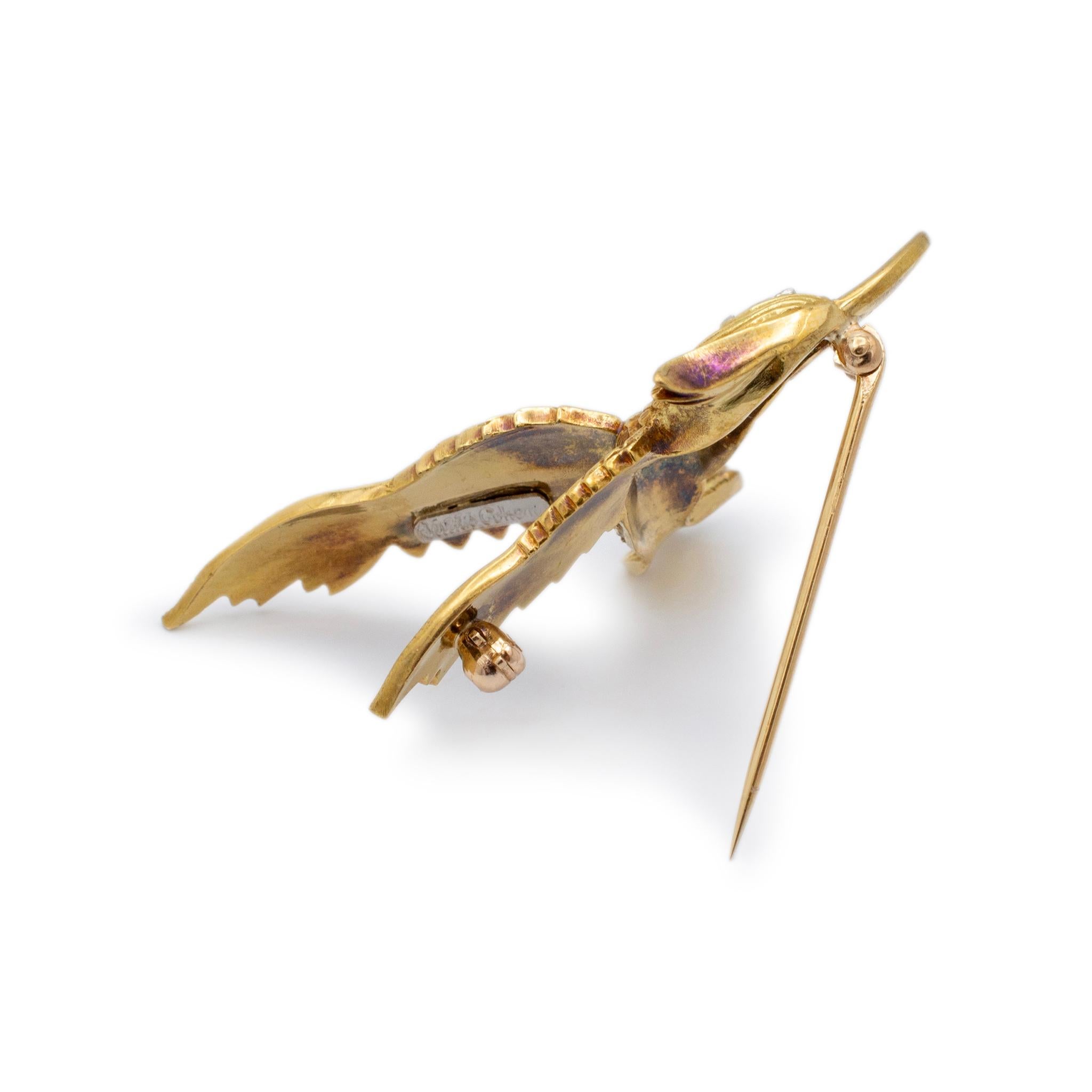 Women's or Men's Vintage Julius Cohen 18K Yellow Gold Marquee Diamond Eye Bird Pin Brooch For Sale