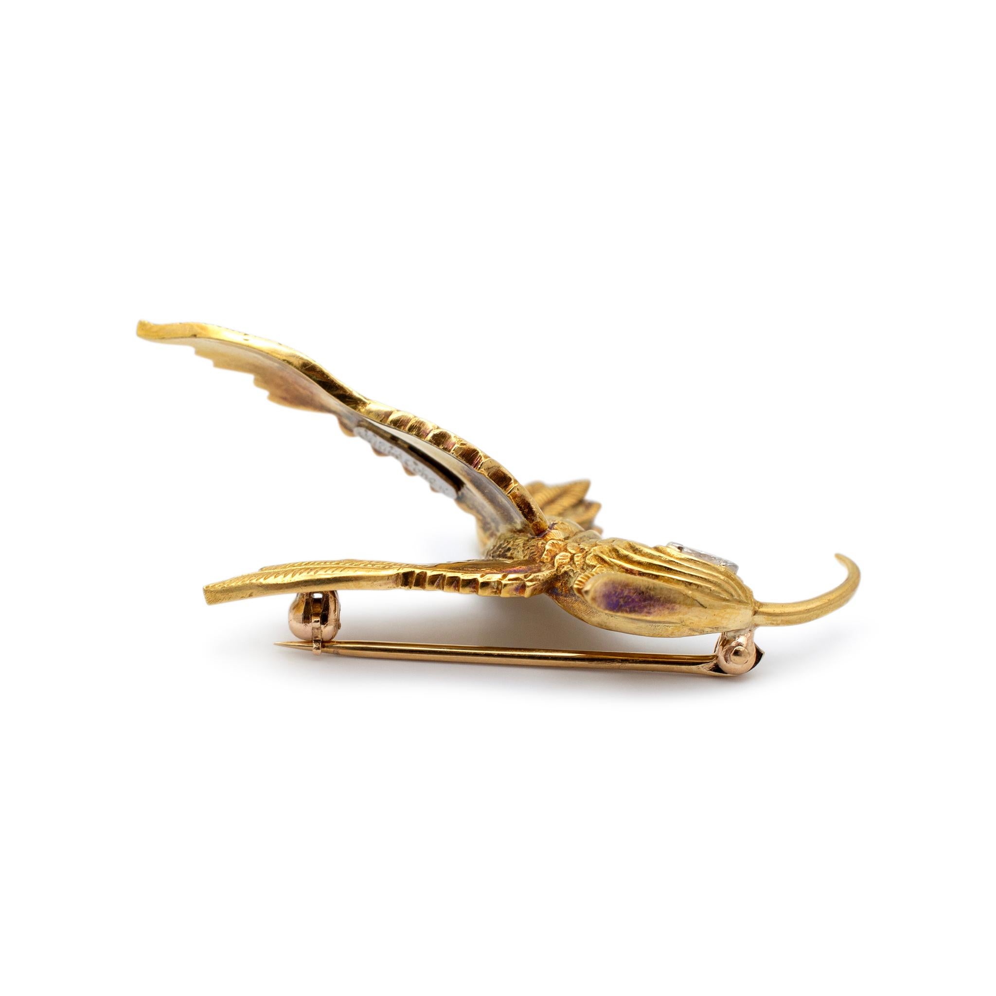 Vintage Julius Cohen 18K Yellow Gold Marquee Diamond Eye Bird Pin Brooch For Sale 1