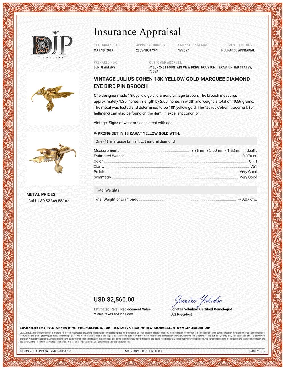 Vintage Julius Cohen 18K Yellow Gold Marquee Diamond Eye Bird Pin Brooch For Sale 3