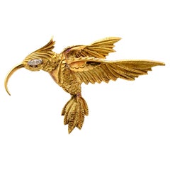 Vintage Julius Cohen 18K Yellow Gold Marquee Diamond Eye Bird Pin Brooch