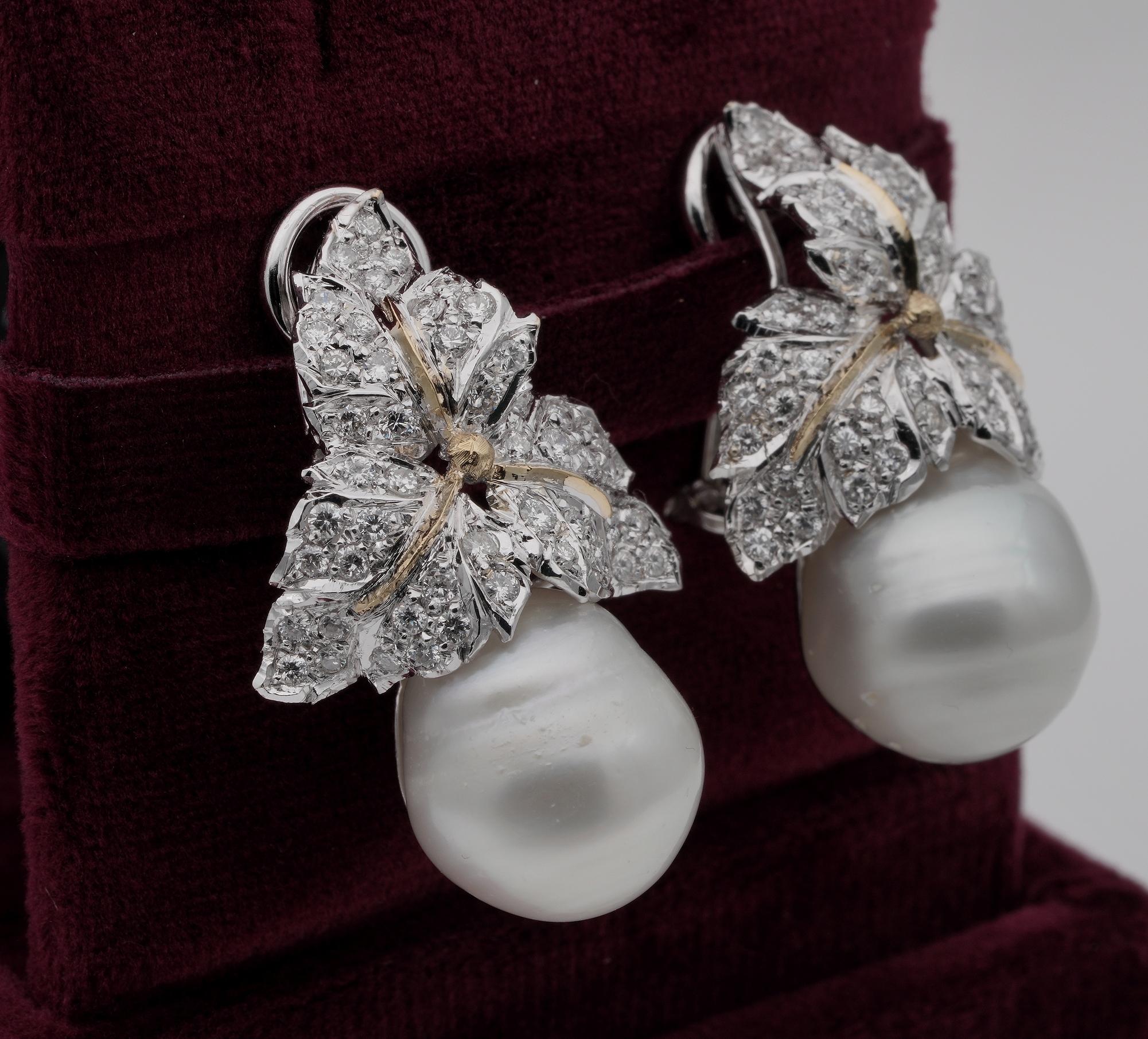 Contemporary Vintage Jumbo Baroque South Sea 3.0 Carat Diamond Leaf Unique Earrings For Sale