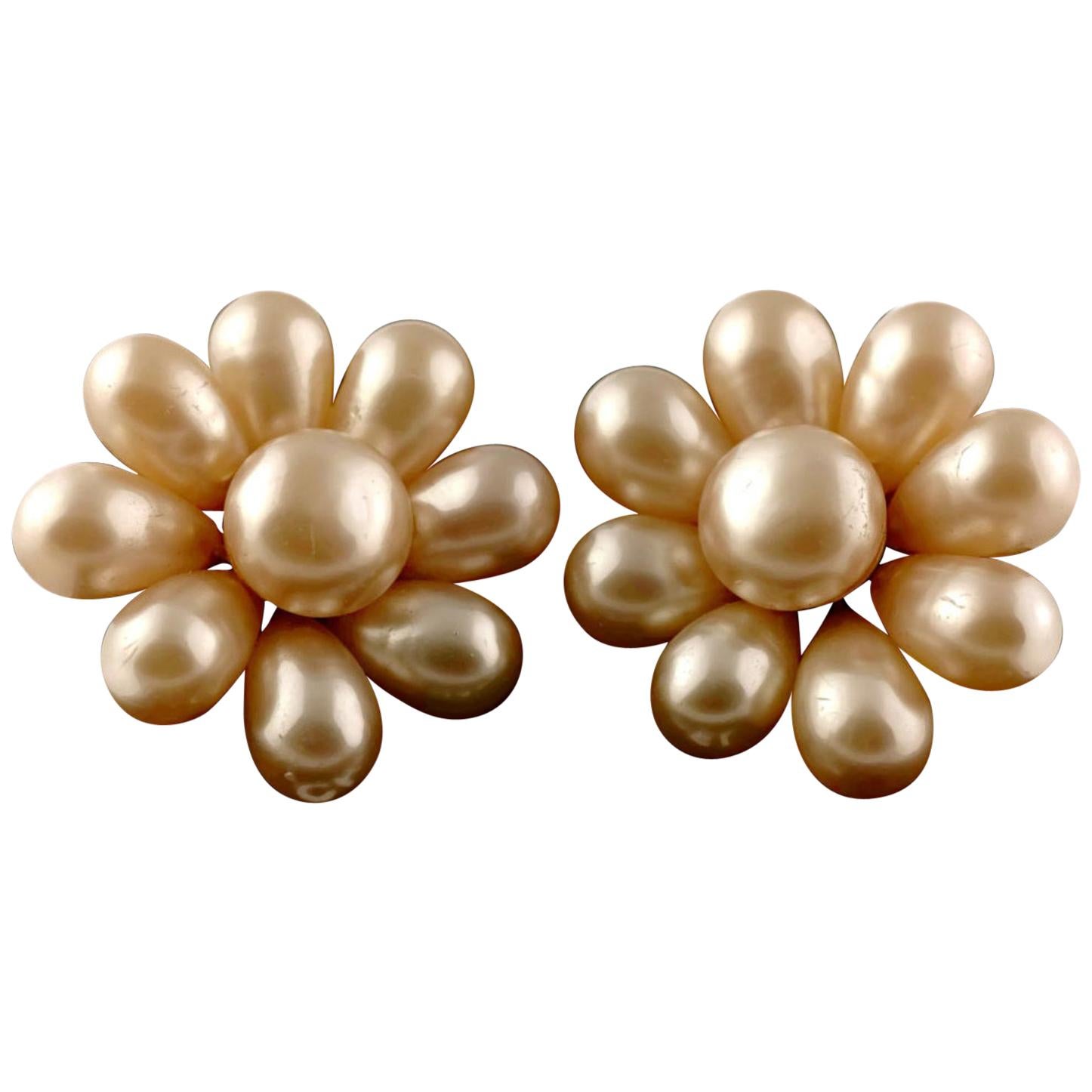 Vintage Jumbo CHANEL Champagne Glass Pearl Flower Earrings For Sale