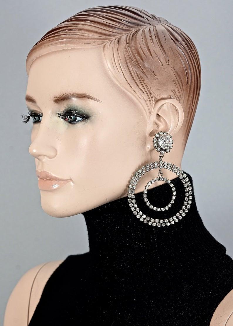 Women's Vintage Jumbo CHANEL Double Hoop Orbital Rhinestone Dangling Earrings For Sale