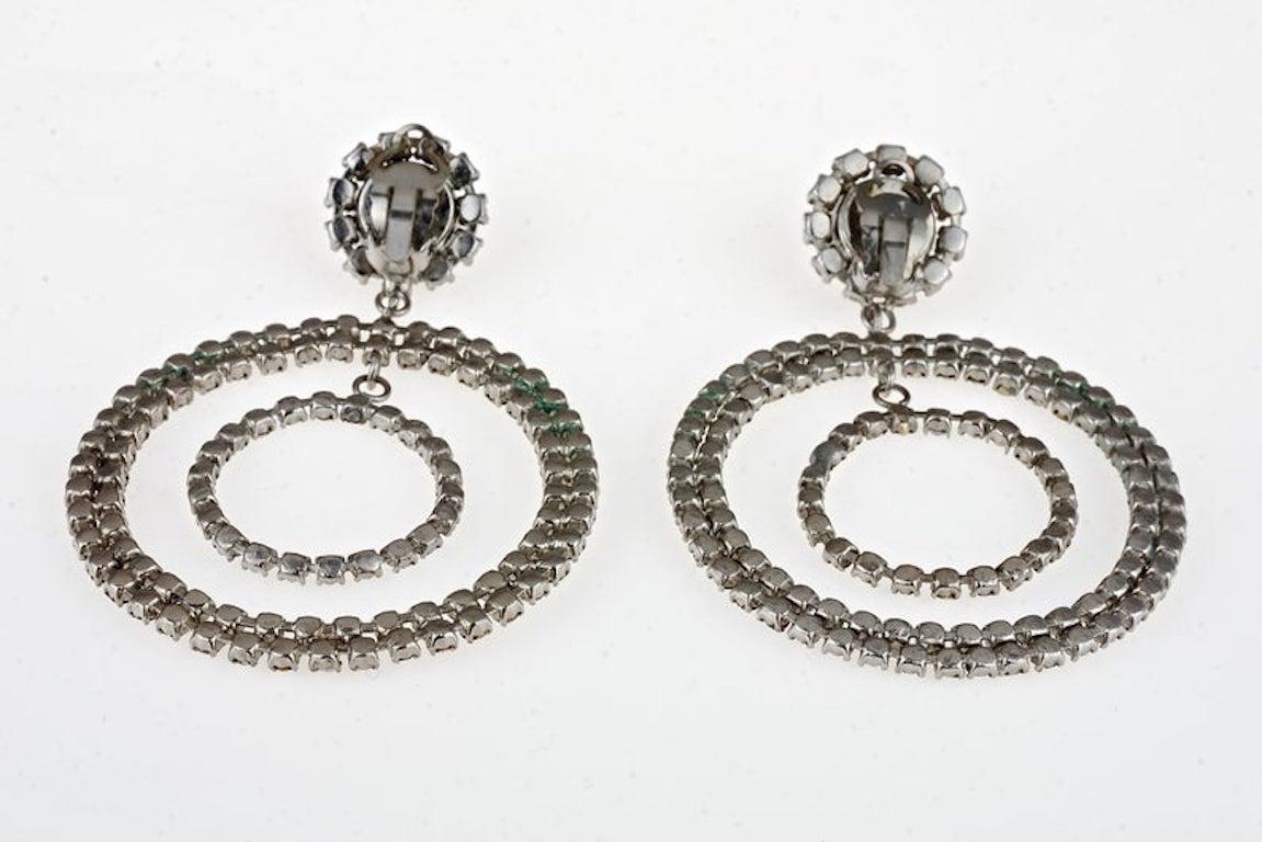 Vintage Jumbo CHANEL Double Hoop Orbital Rhinestone Dangling Earrings For Sale 2
