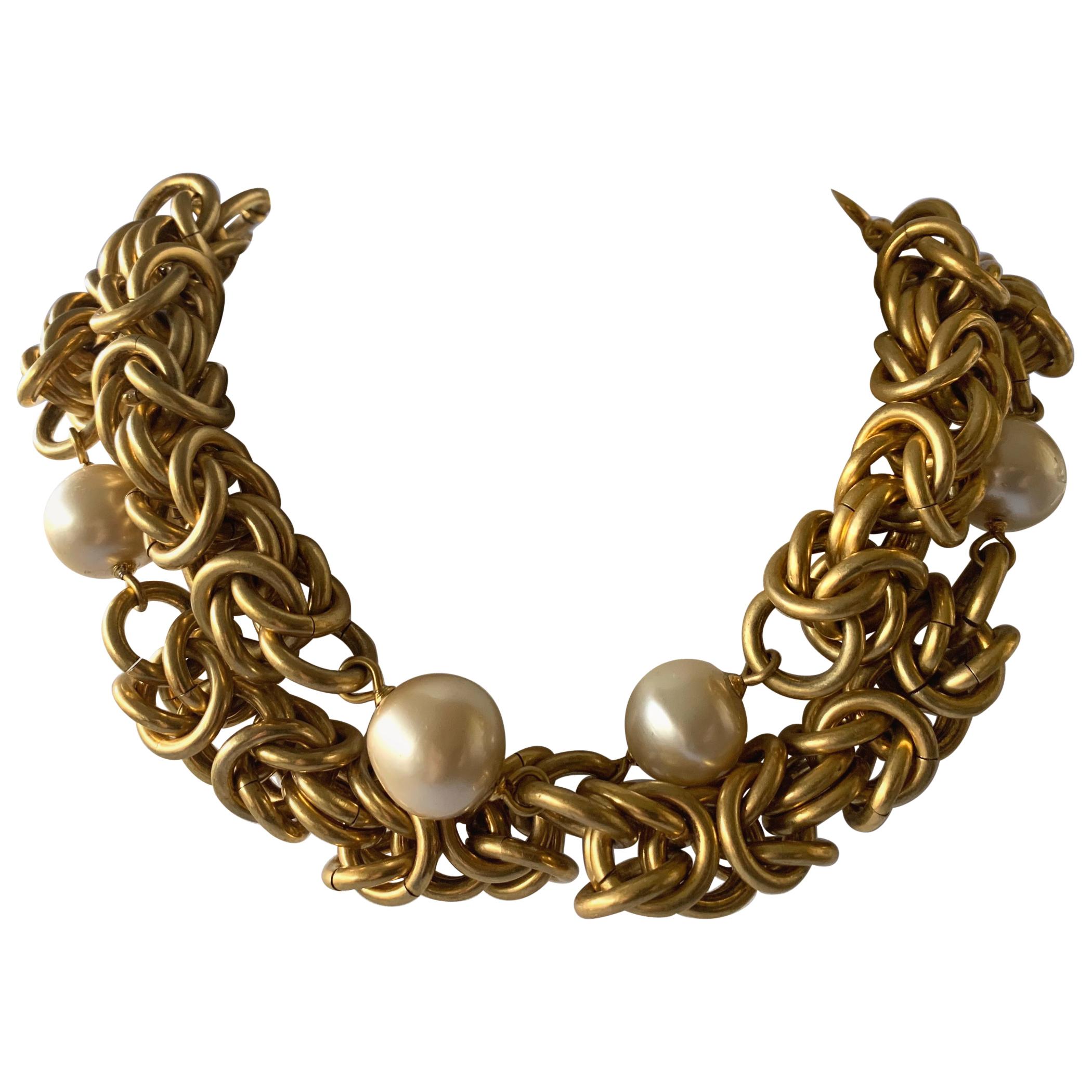 Vintage Jumbo Chanel Gold and Pearl Runway Necklace 