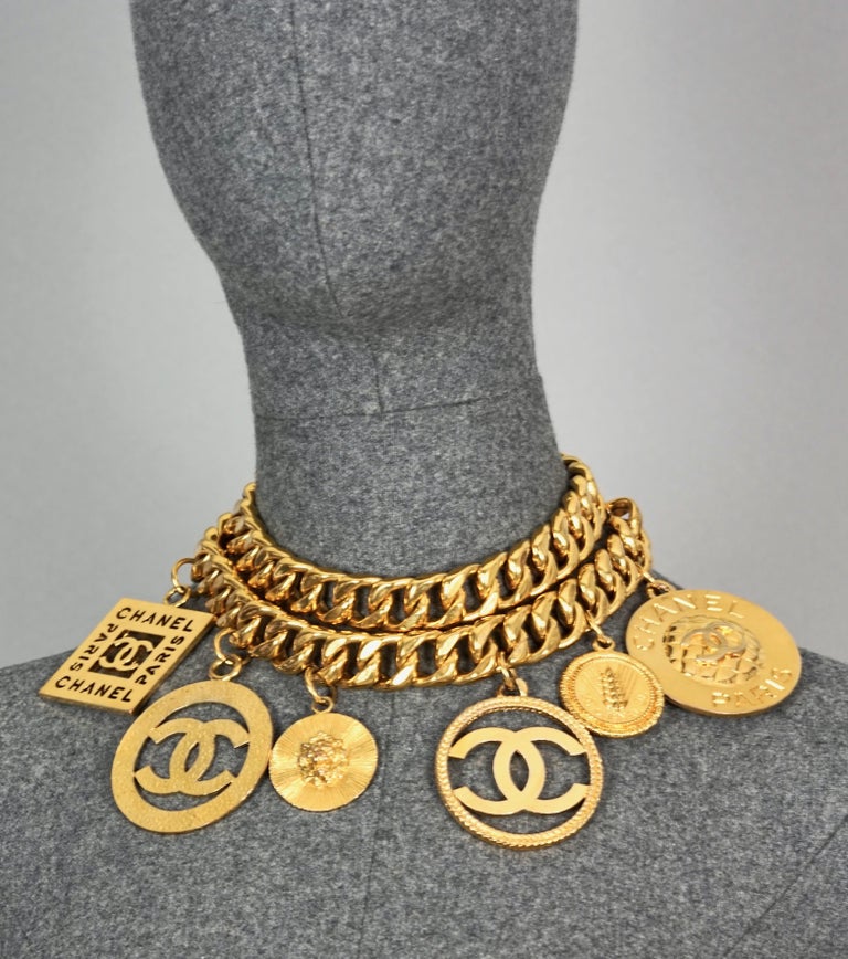 Beige Vintage Jumbo CHANEL Iconic Logo Medallion Charm Necklace Belt For Sale