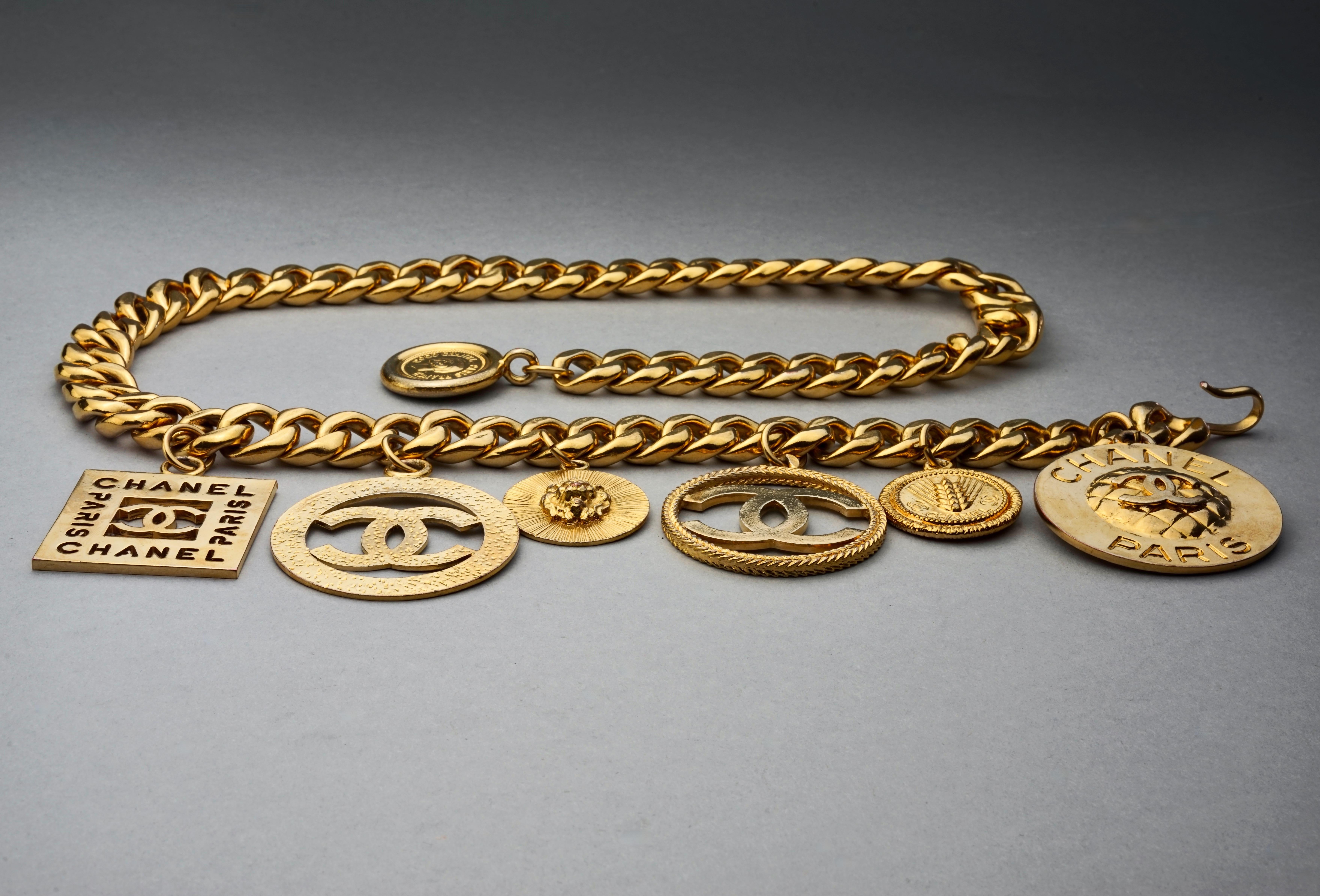Beige Vintage Jumbo CHANEL Iconic Logo Medallion Charm Necklace Belt For Sale