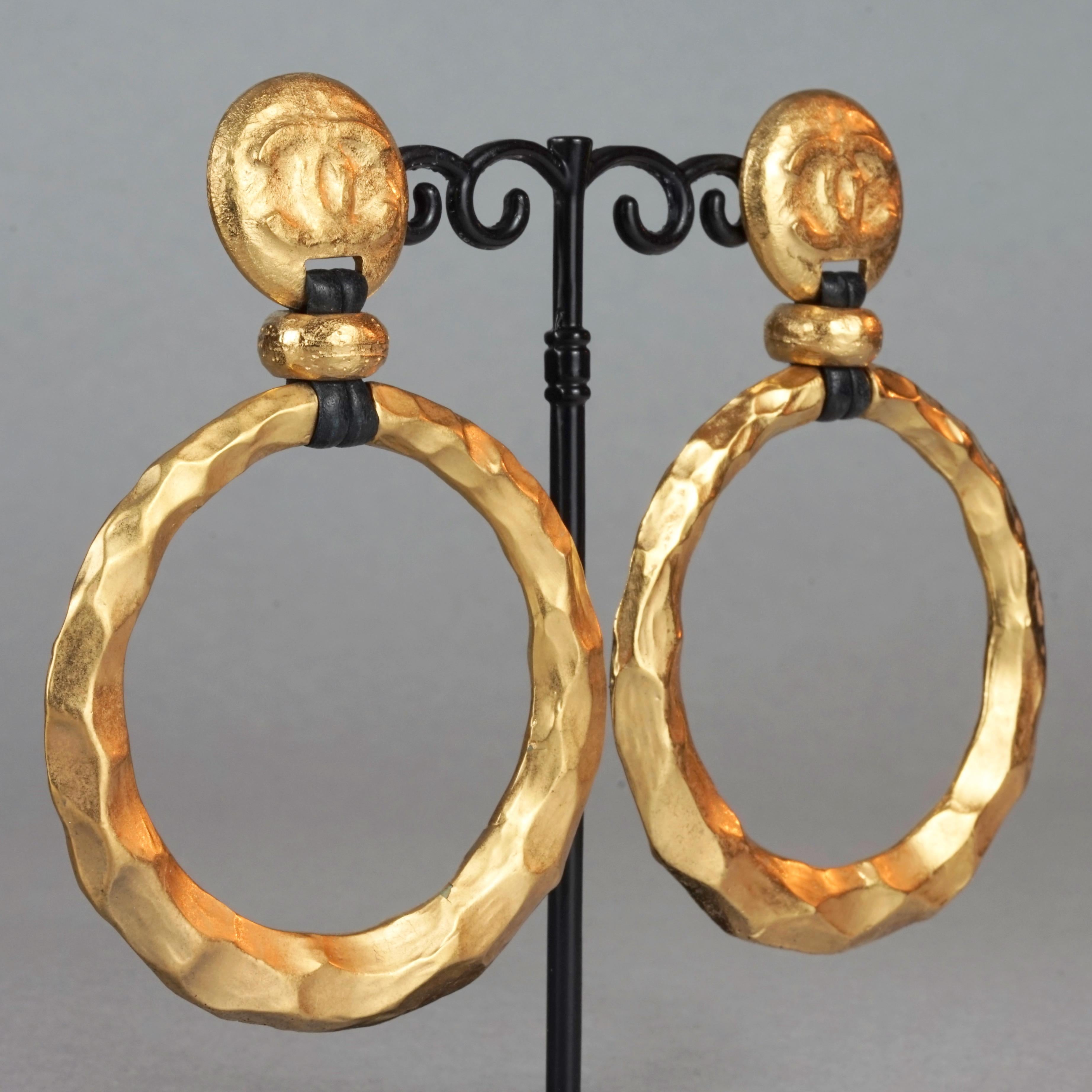 Women's Vintage Jumbo CHANEL Logo Hammered Hoop Dangle Earrings As Seen on Beyonce