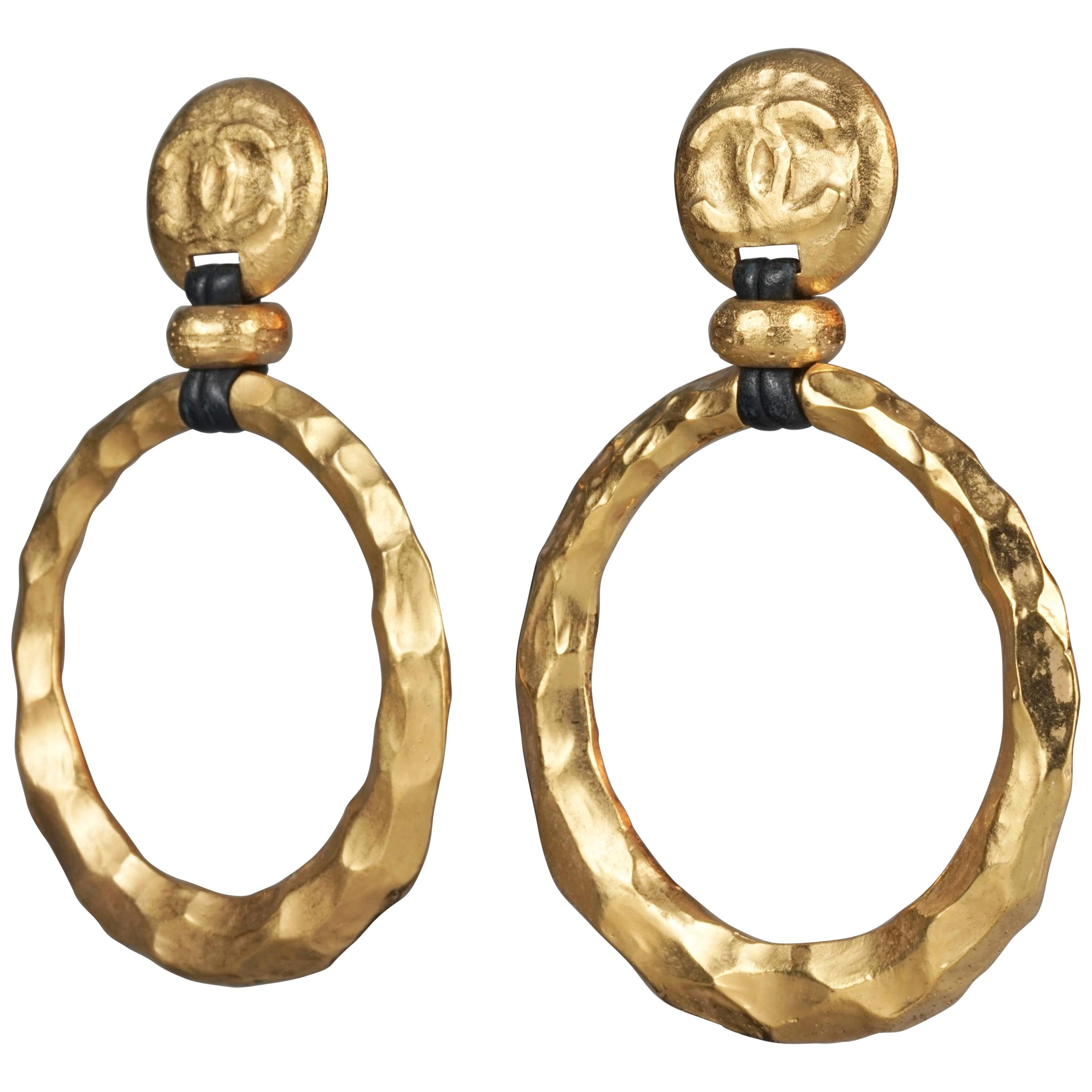 Vintage Jumbo CHANEL Logo Hammered Hoop Dangle Earrings As Seen on Beyonce  at 1stDibs