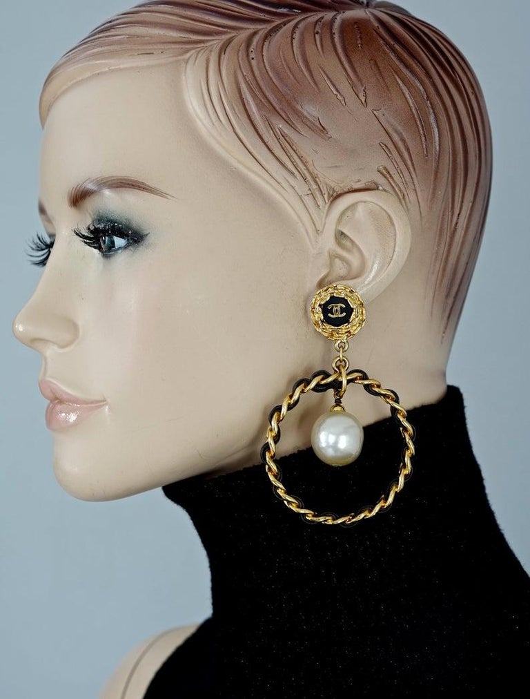 Vintage Jumbo CHANEL Logo Pearl Leather Chain Hoop Earrings at