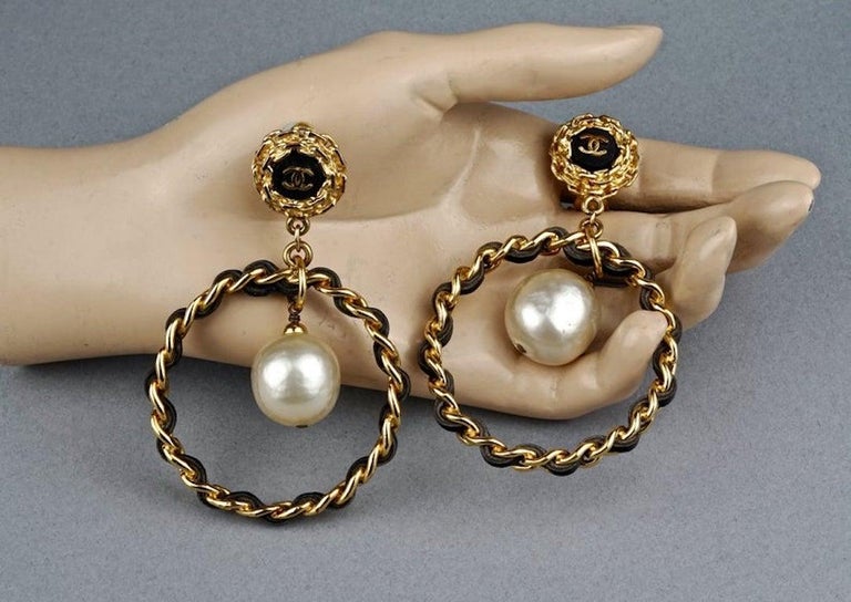 Vintage Jumbo CHANEL Logo Pearl Leather Chain Hoop Earrings at