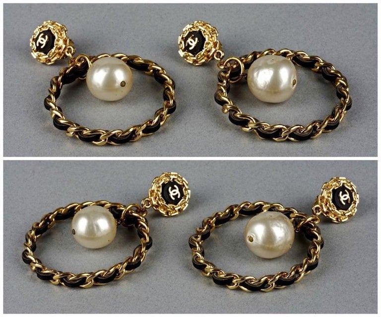 Vintage Chanel Leather Chain Pearl Earrings