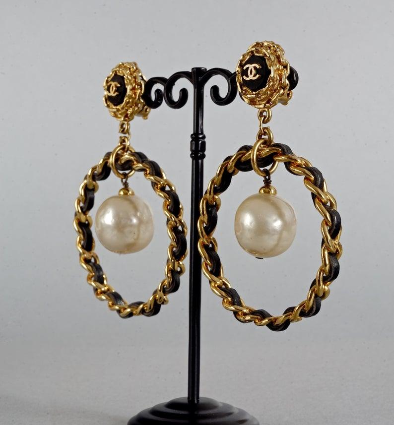 Vintage Jumbo CHANEL Logo Pearl Leather Chain Hoop Earrings 1