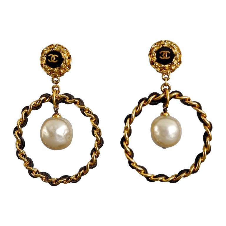 Vintage CHANEL Pearl Leather Chain Iconic Earrings at 1stDibs