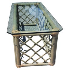 Vintage Jumbo Rattan Glass Top Coffee Table in Turquoise-Champaign Color