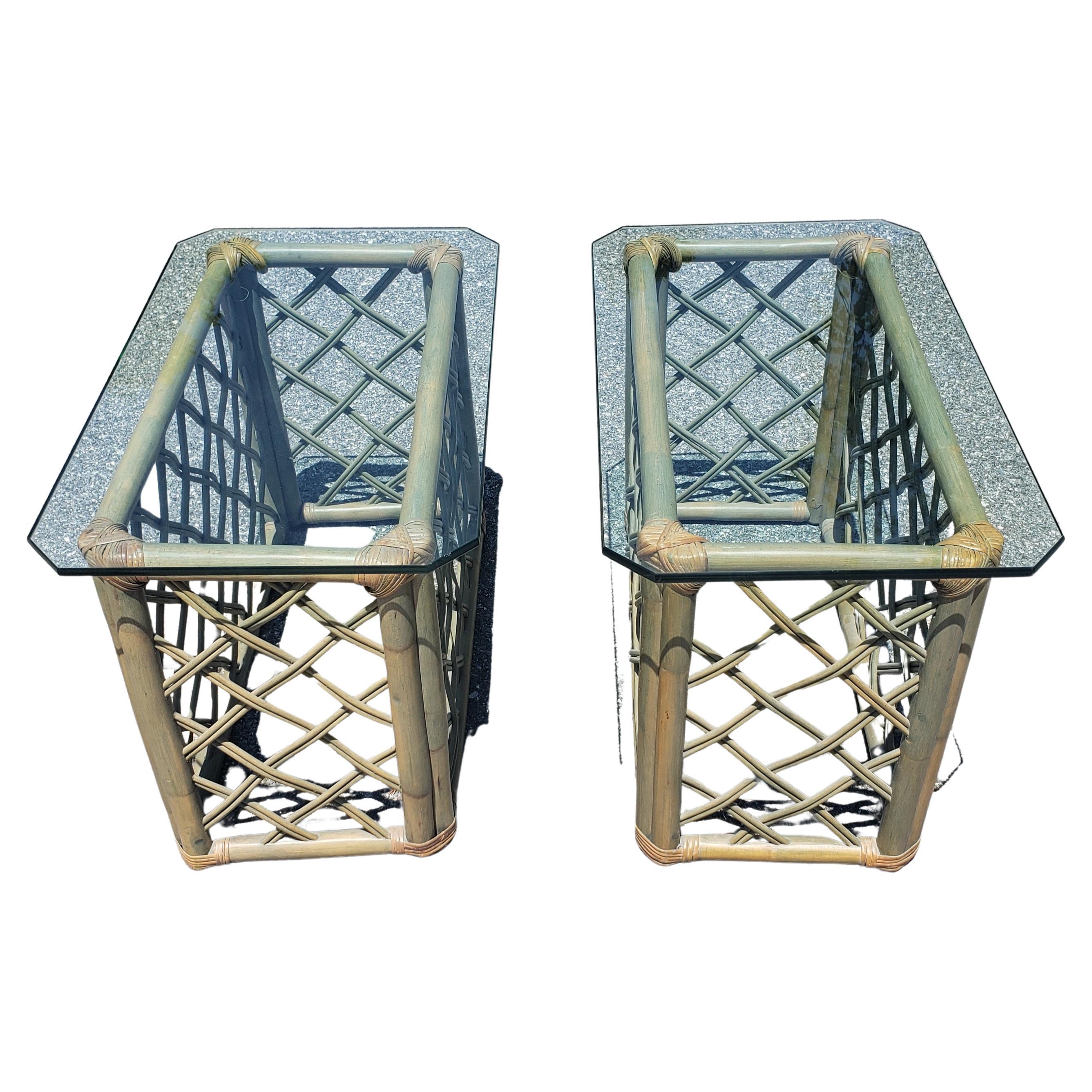 American Vintage Jumbo Rattan Glass Top Side Tables in Turquoise-Champaign Color For Sale
