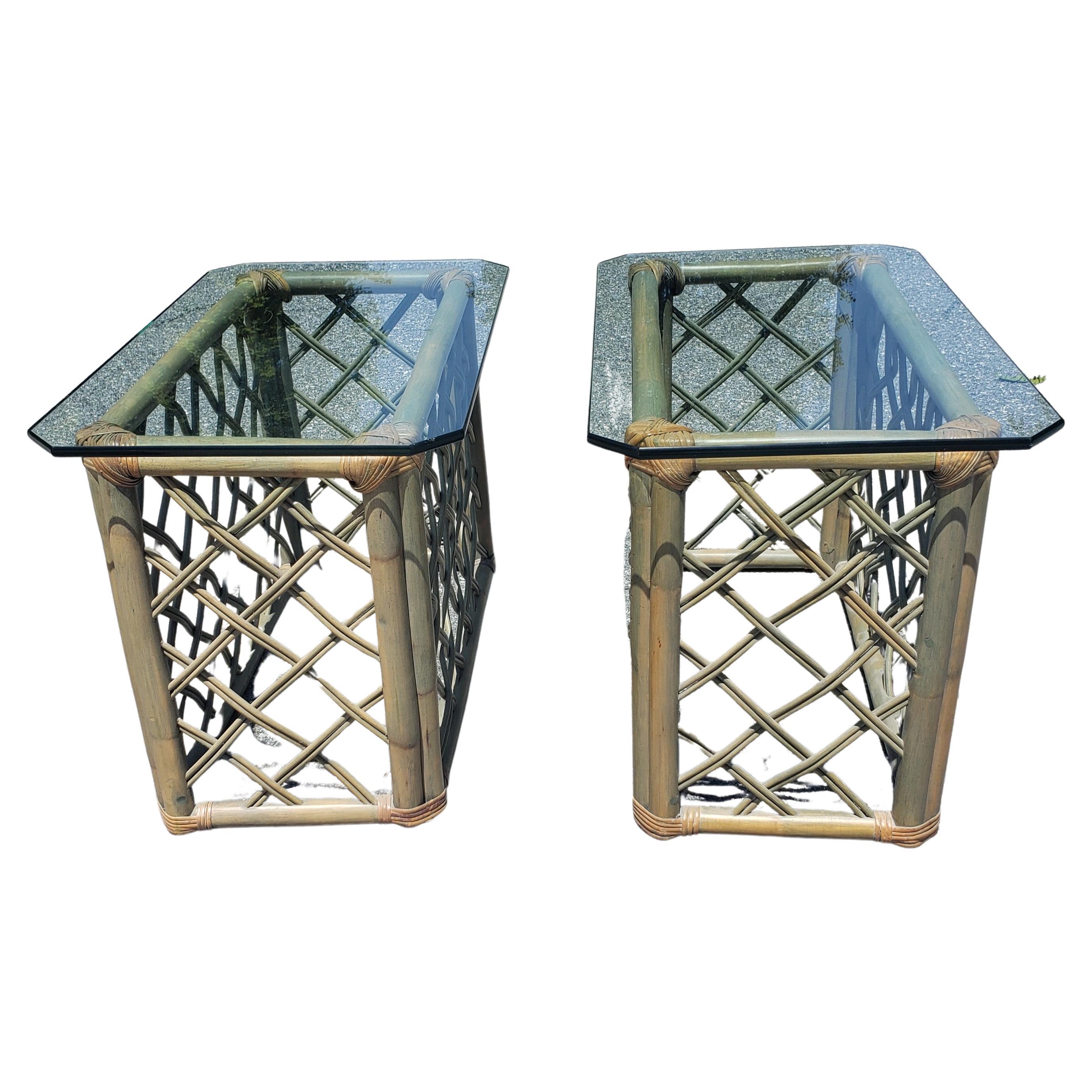 Vintage Jumbo Rattan Glass Top Side Tables in Turquoise-Champaign Color For Sale