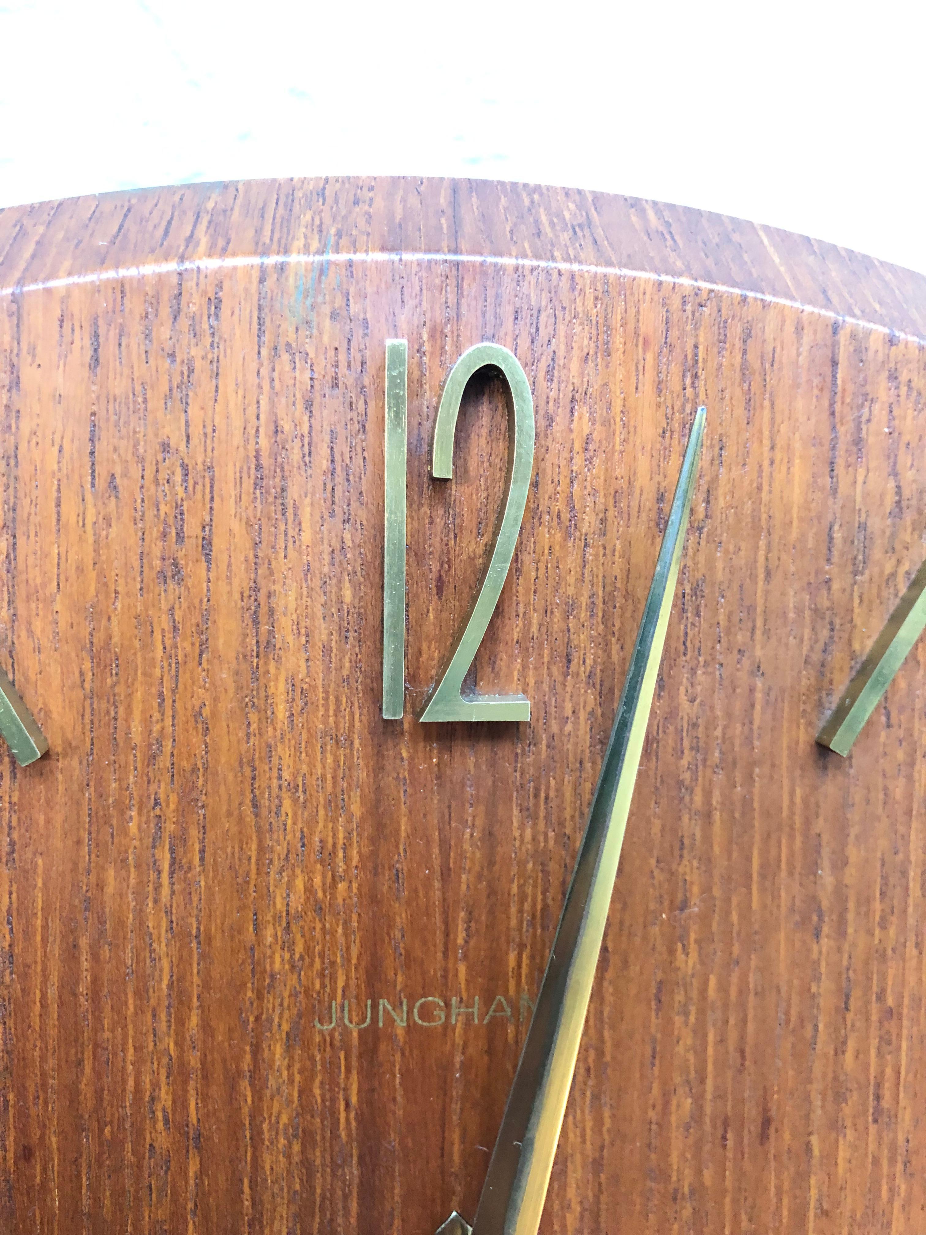 Brass Vintage Junghans Pendulum Wall Clock in Oak Veneer from the 1960s