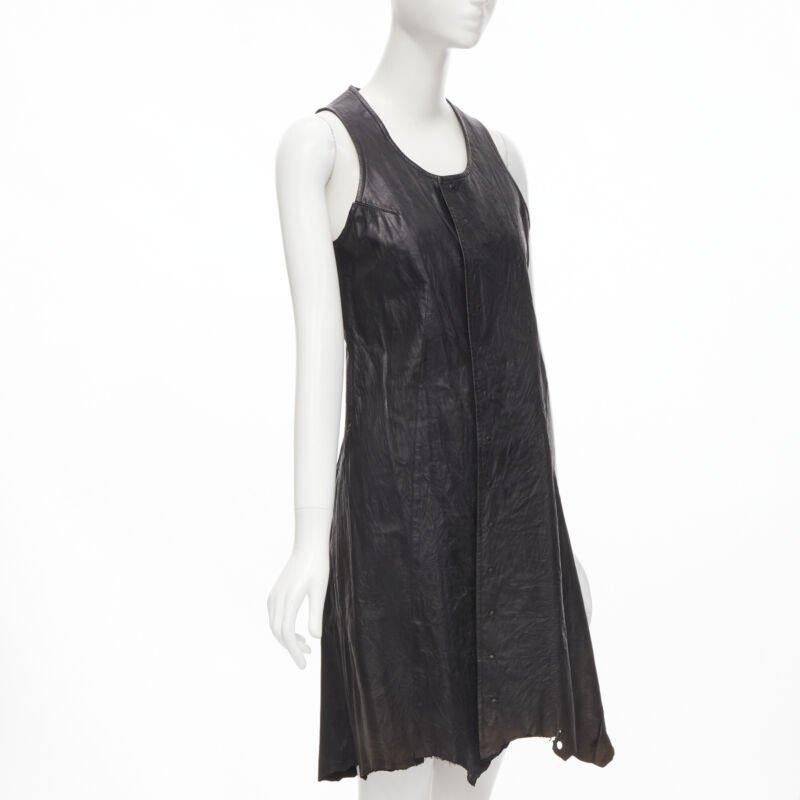 Black vintage JUNYA WATANABE 1992 black cow hide leather distressed raw cut dress M For Sale