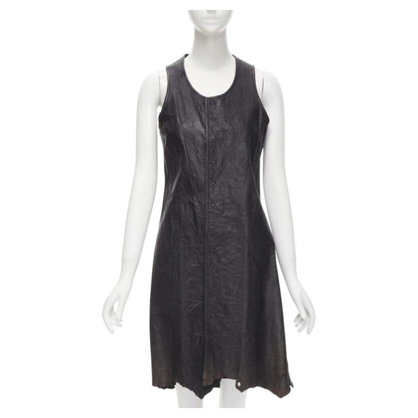 vintage JUNYA WATANABE 1992 black cow hide leather distressed raw cut dress M For Sale