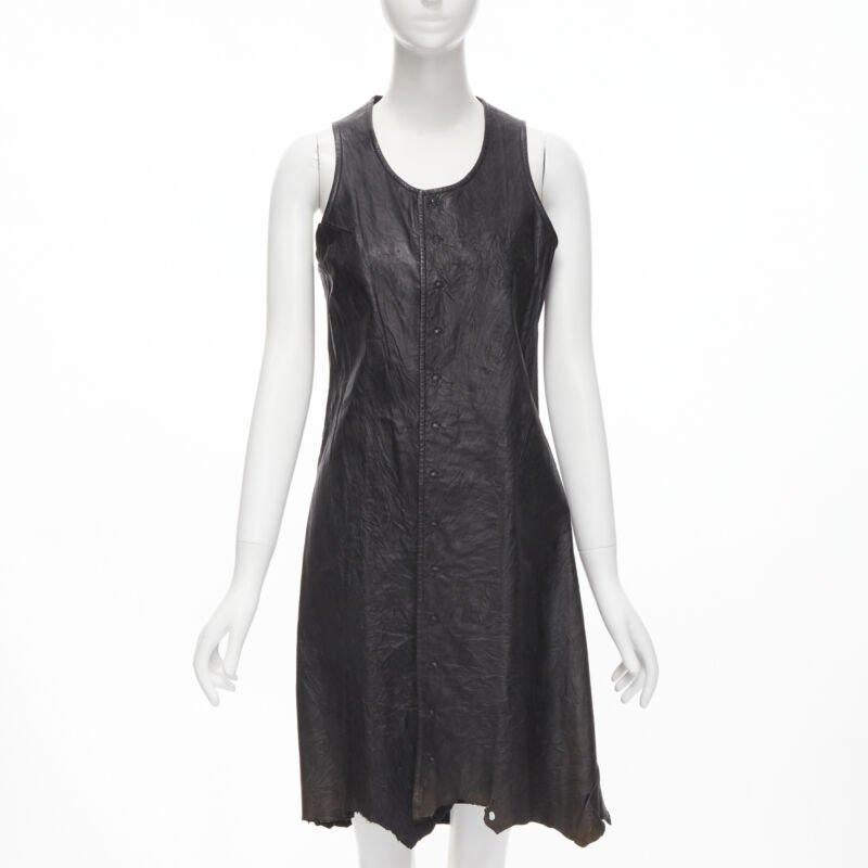 vintage JUNYA WATANABE 1992 black cow hide leather distressed raw cut dress M For Sale