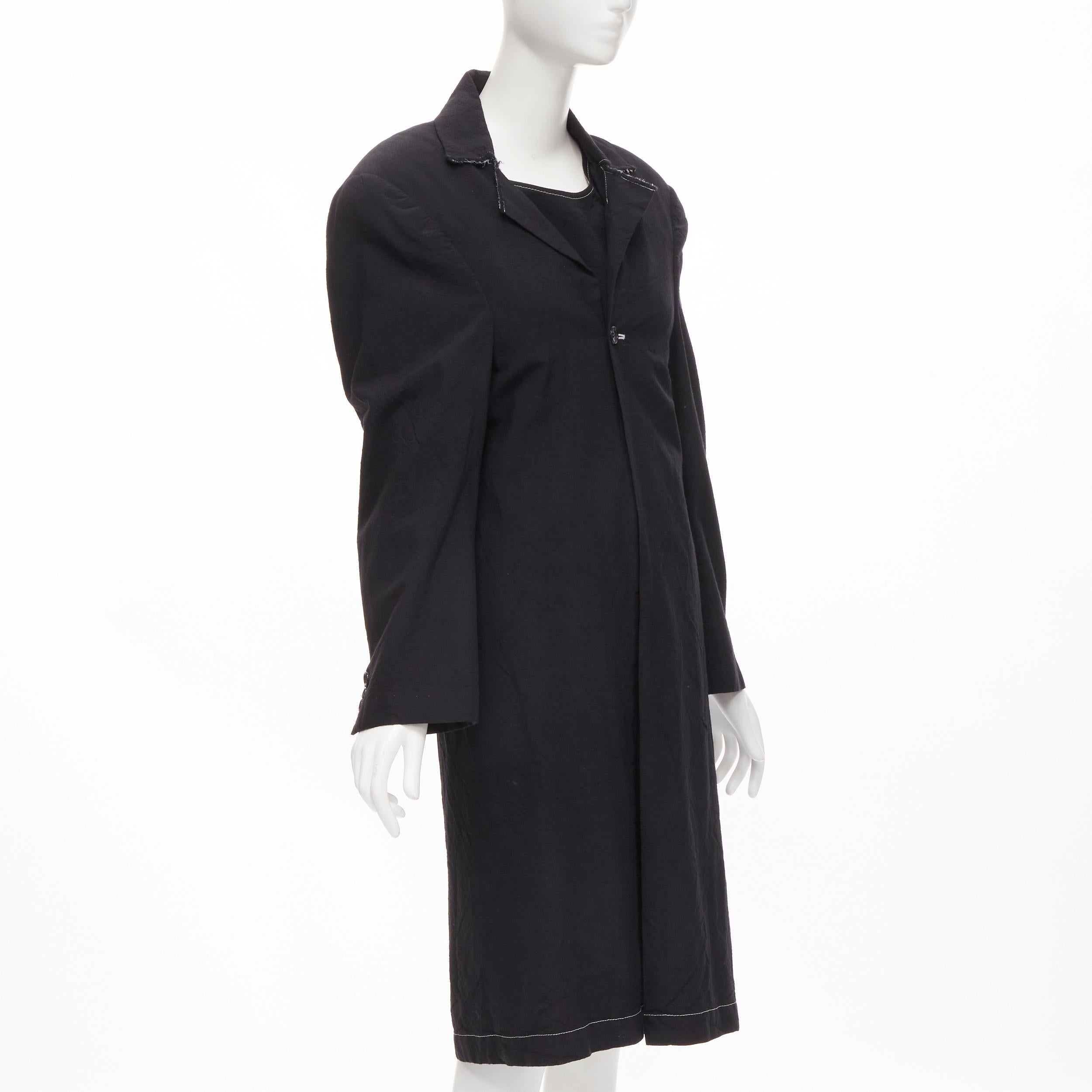 vintage JUNYA WATANABE 1994 black wool shoulder padded layered coat dress S In Excellent Condition For Sale In Hong Kong, NT