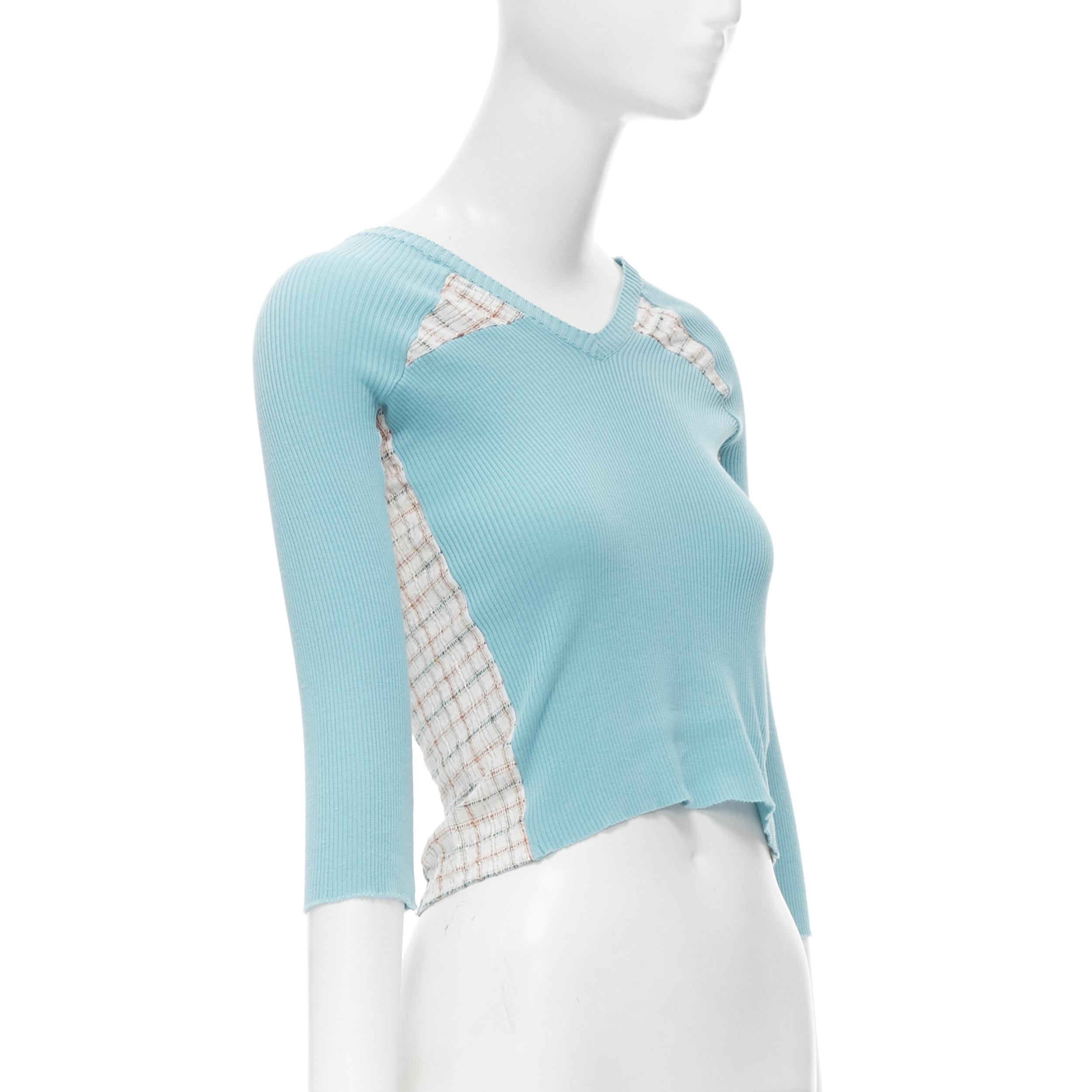 Blue vintage JUNYA WATANABE 1996 sky blue ribbed  jacquard check deconstructed top S