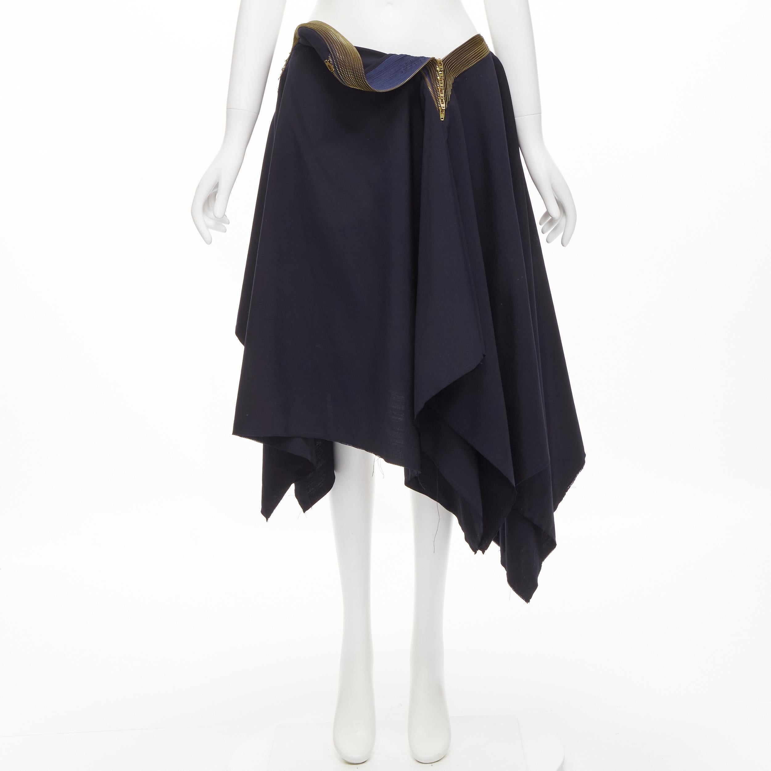 vintage JUNYA WATANABE 2004 navy zipper trimmed draped raw handkerchief skirt S For Sale 6